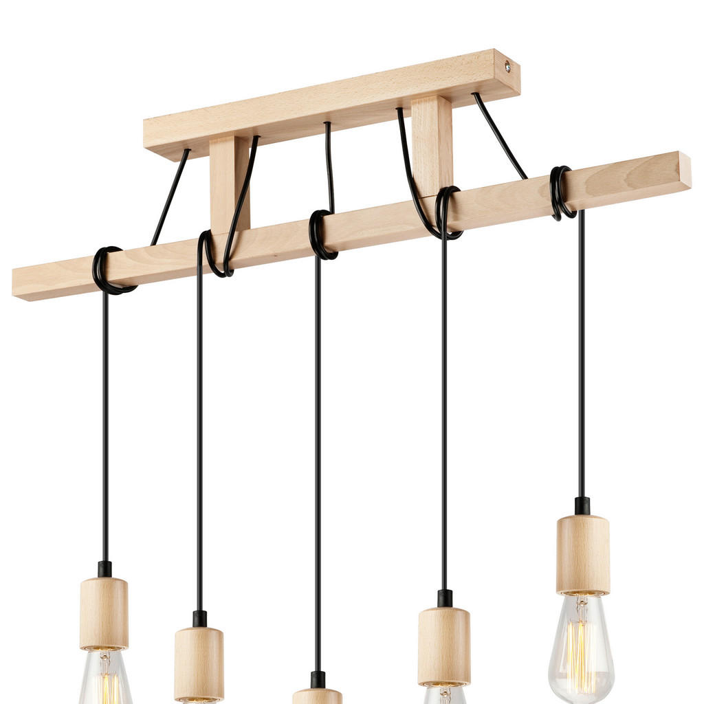 Thumbnail - Lamkur Pendelleuchte LEON 34782 natur Holz Stahl H/L: ca. 74x75 cm E27 5 Brennstellen