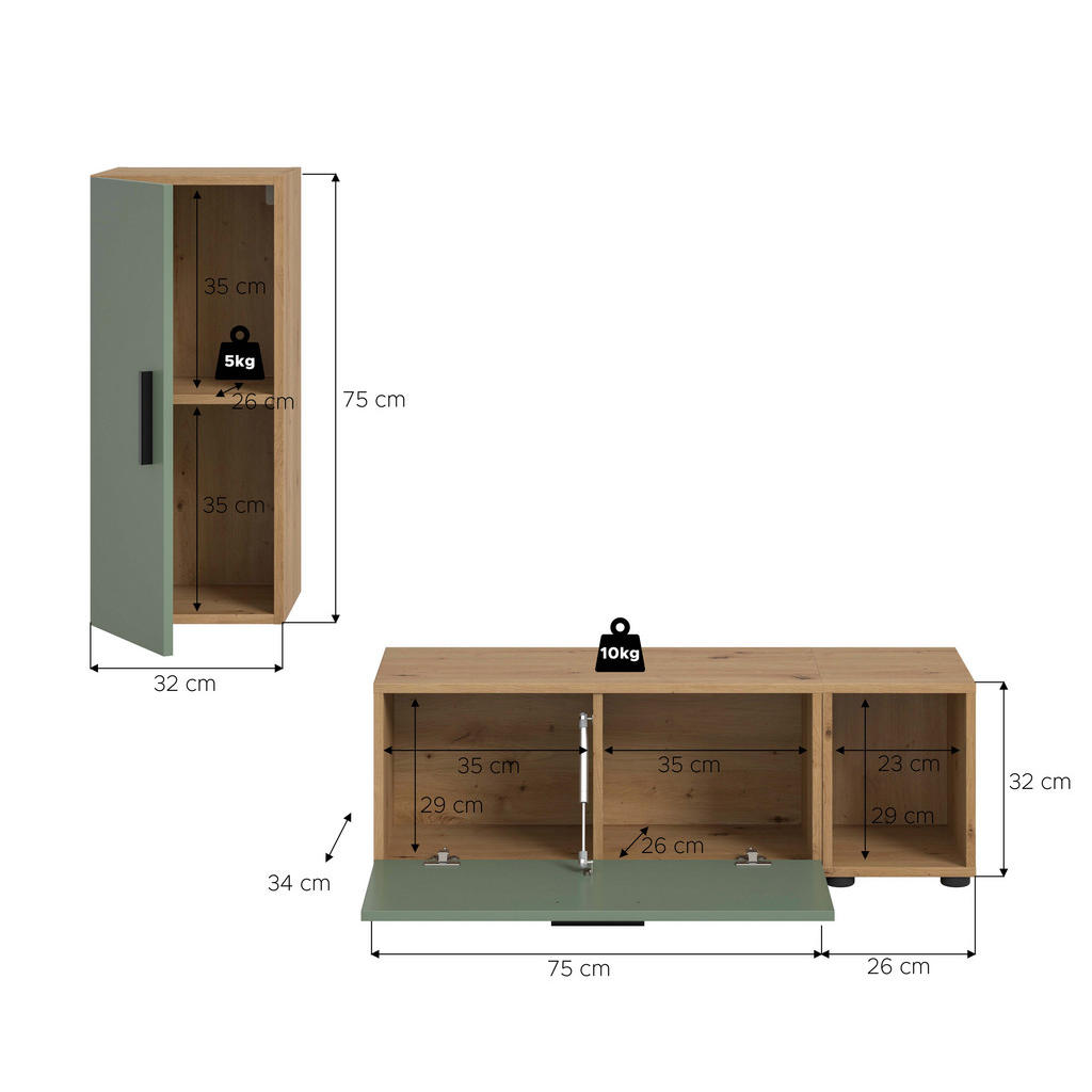 Thumbnail - Wohnwand-Set TheOne Eiche Artisan Nachbildung grün B/H/T: ca. 75x32x34 cm