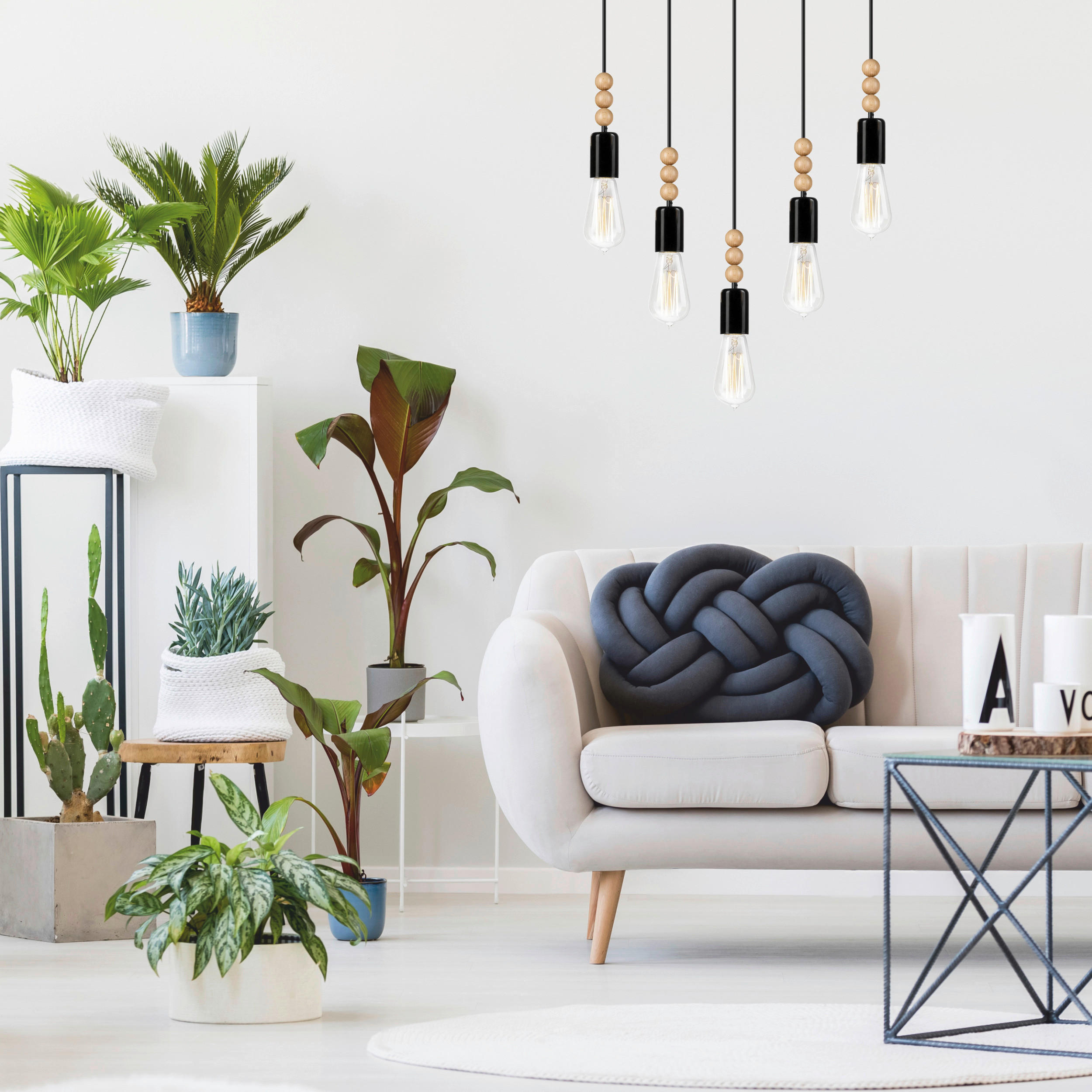 Thumbnail - Lamkur Pendelleuchte SIMON 37370 schwarz Holz Stahl H/L: ca. 94x60 cm E27 5 Brennstellen