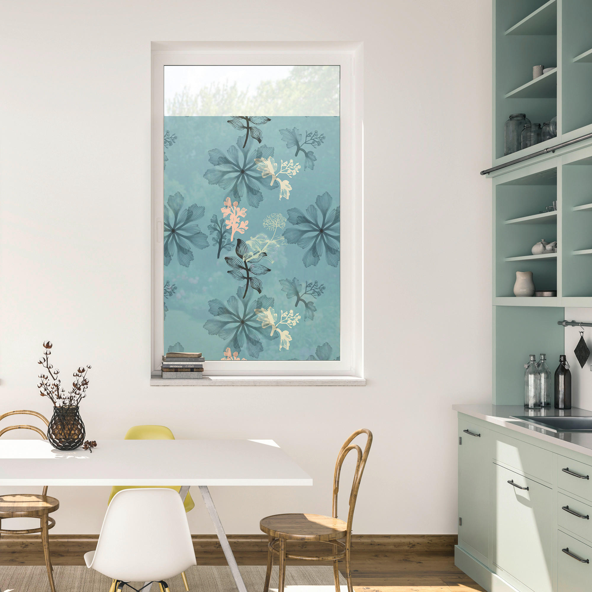 LICHTBLICK Fensterfolie Aqua Floral Floral Aqua Floral blau B/L: ca. 100x180 cm