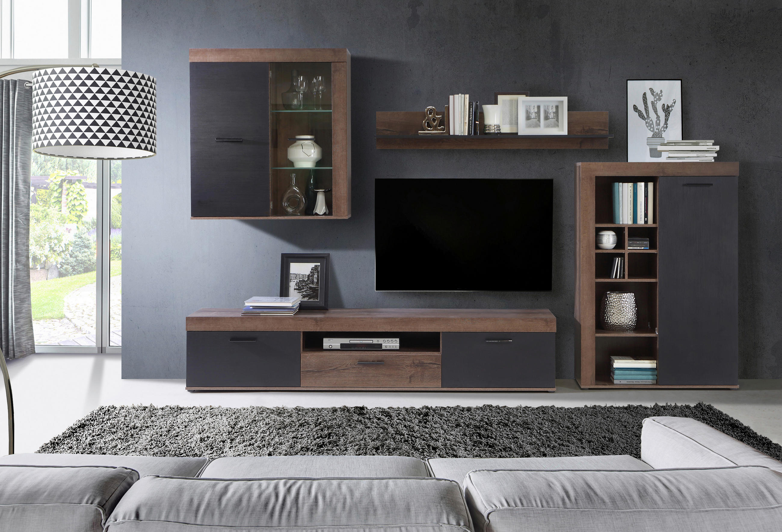 Thumbnail - Wohnwand  Eiche Schlamm Nachbildung schwarz Eiche Nachbildung B/H/T: ca. 300x201x39 cm