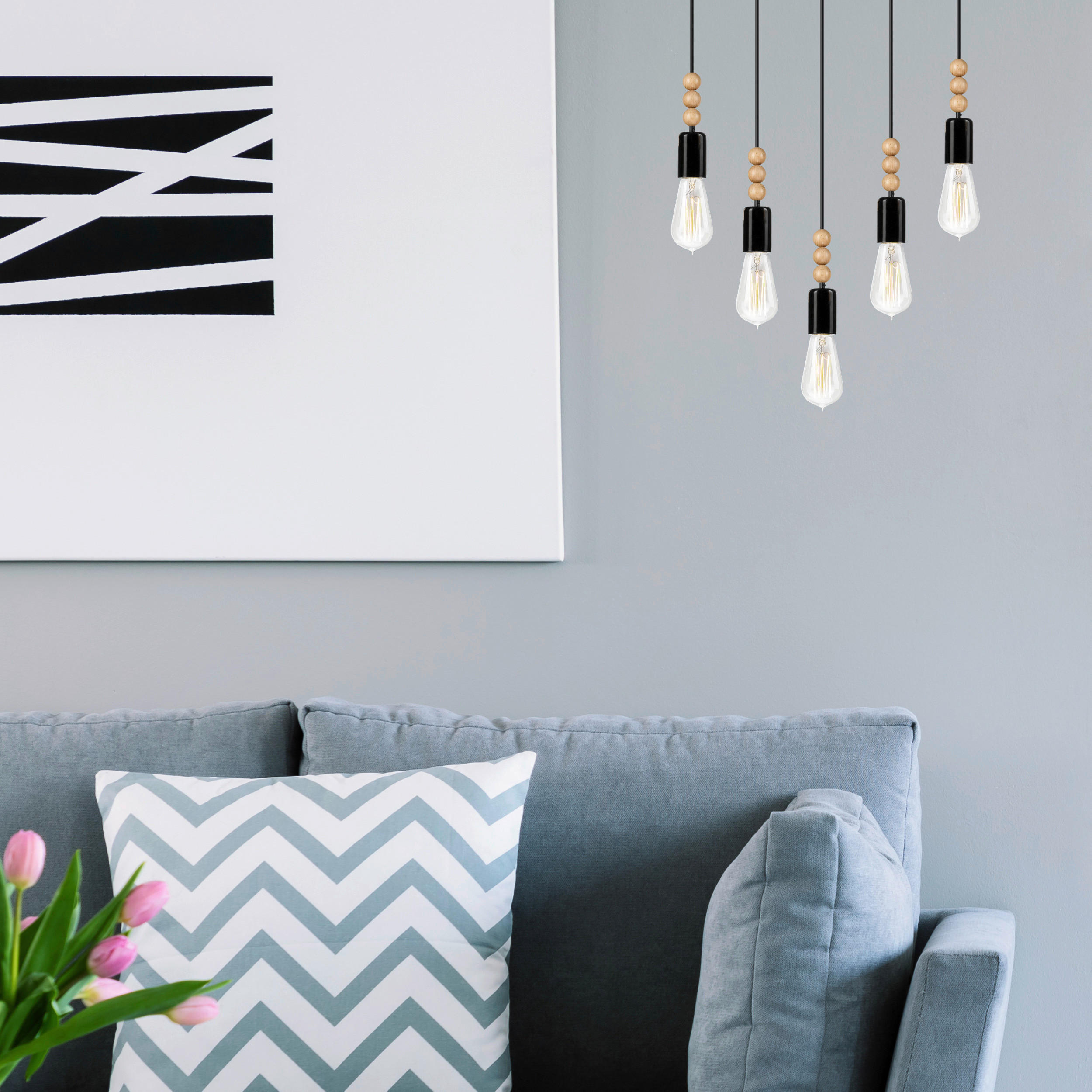 Thumbnail - Lamkur Pendelleuchte SIMON 37370 schwarz Holz Stahl H/L: ca. 94x60 cm E27 5 Brennstellen