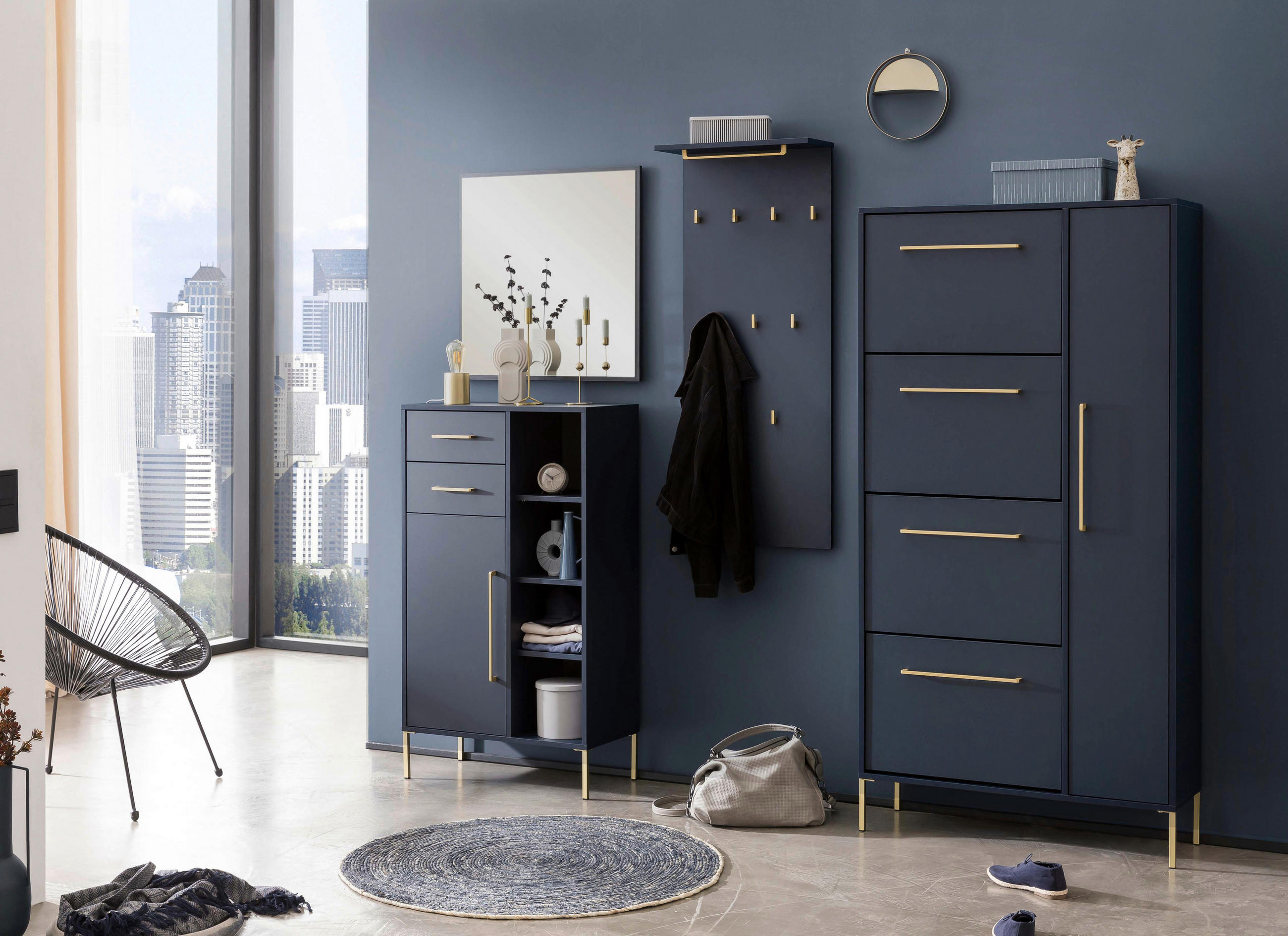 Thumbnail - Schuhschrank Kent dunkelblau B/H/T: ca. 88,4x174,2x30 cm