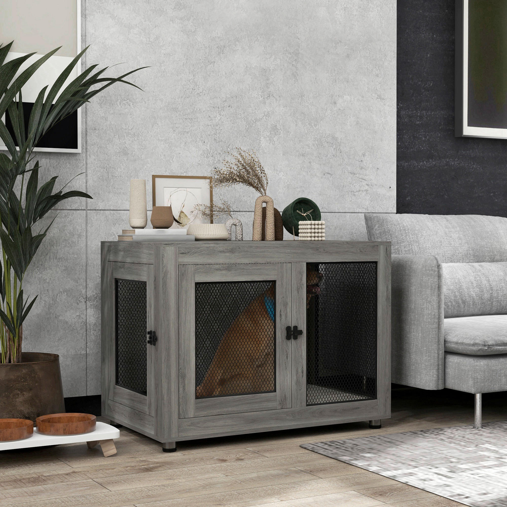 Thumbnail - PawHut Hundekäfig grau Spanplatte B/H/L: ca. 60x71,5x94 cm