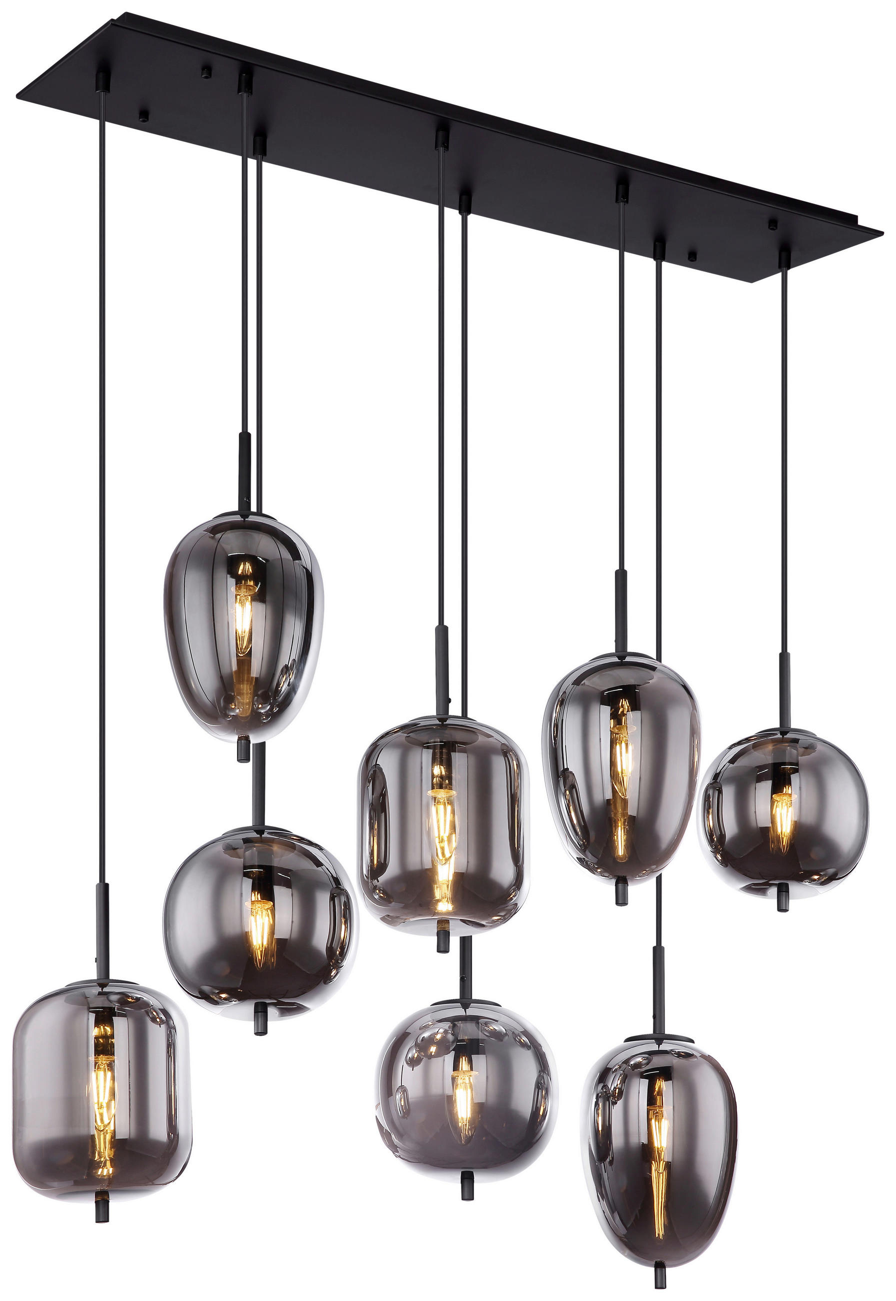 GLOBO Pendelleuchte Blacky 15345-8 schwarz Rauch Metall Glas B/H/T: ca. 94x120x34 cm E14 8 Brennstellen