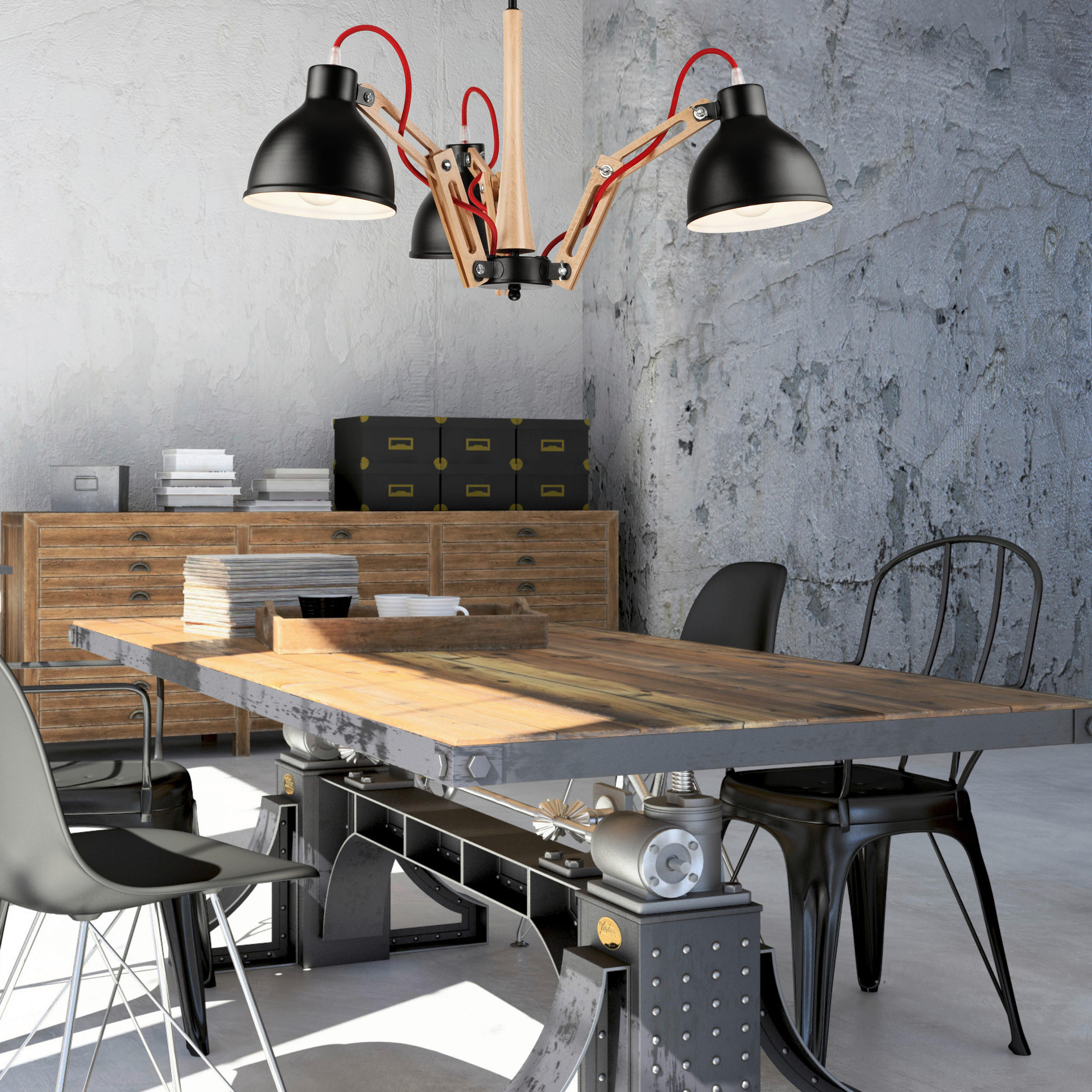 Thumbnail - Lamkur Deckenleuchte MARCELLO 34560 natur Stahl Holz H/L: ca. 65x39 cm E27 3 Brennstellen