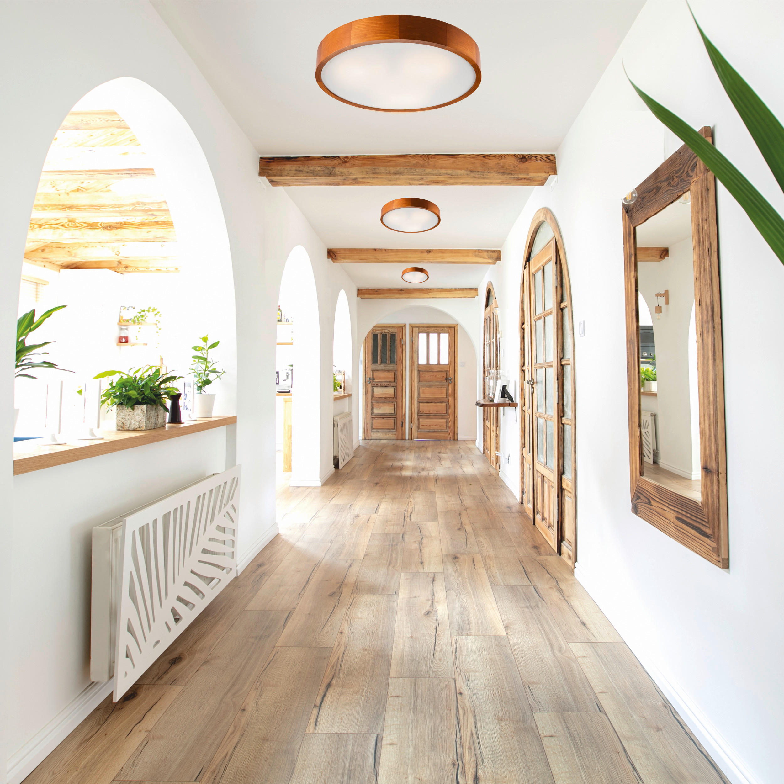 Thumbnail - Lamkur Deckenleuchte rustikal Holz Glas B/H/L: ca. 48,5x12x48,5 cm 3 Brennstellen