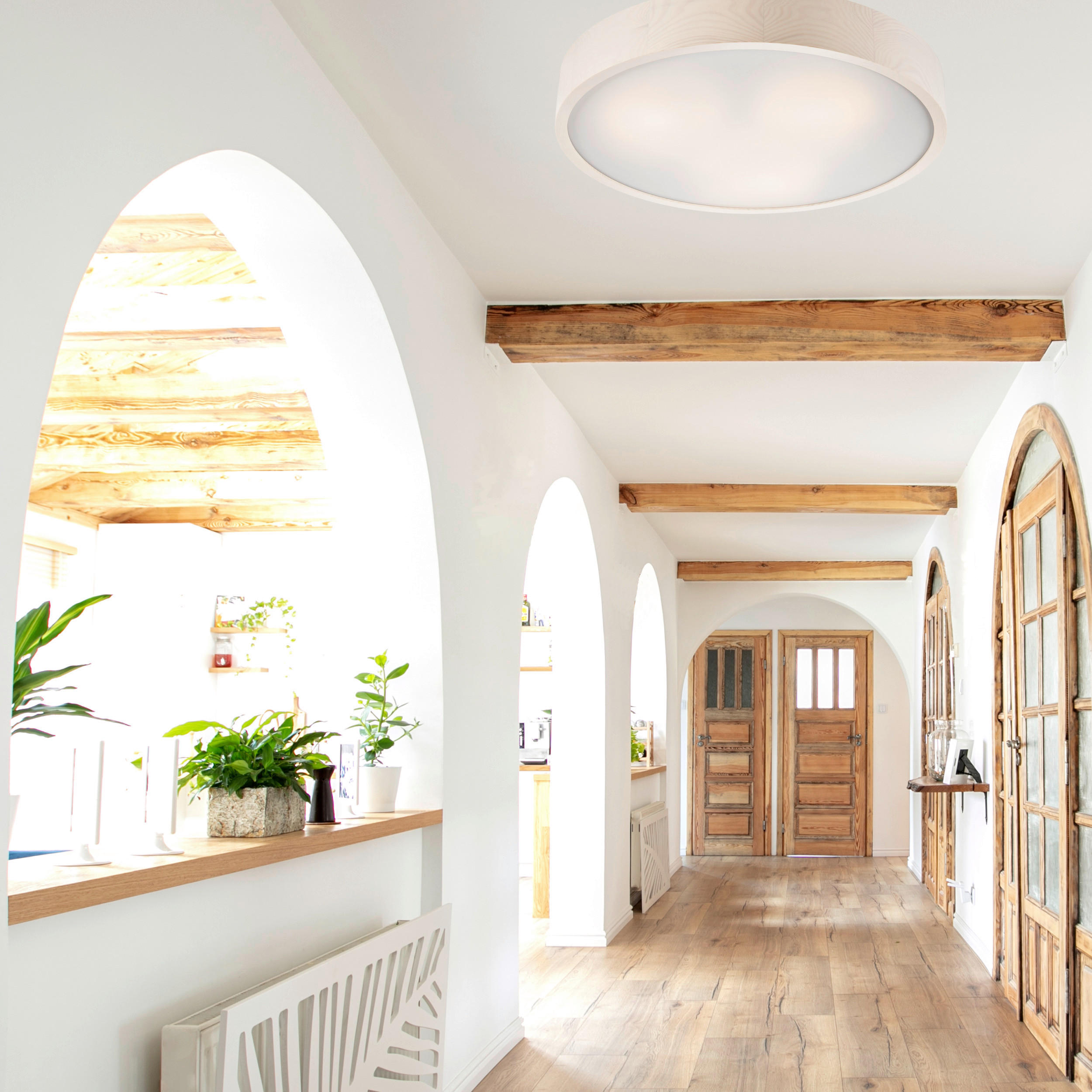 Thumbnail - Lamkur Deckenleuchte weiß Glas Holz B/H/L: ca. 48,5x12x48,5 cm 3 Brennstellen