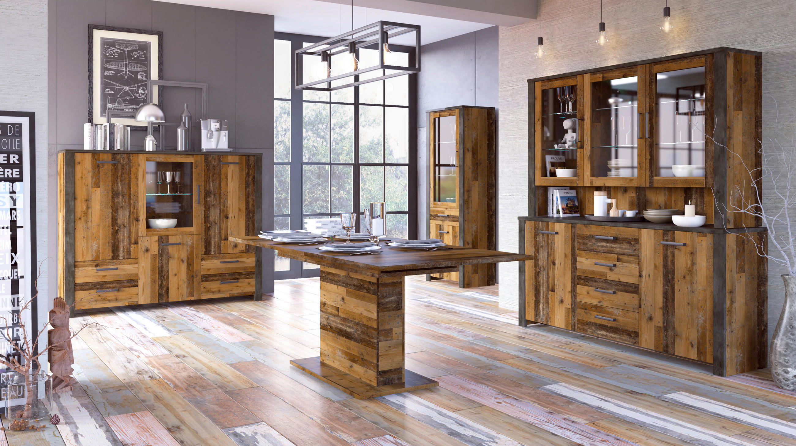 Thumbnail - Highboardvitrine Oregon Old Wood Nachbildung Fresko Spanplatte B/H/T: ca. 172x140x44 cm