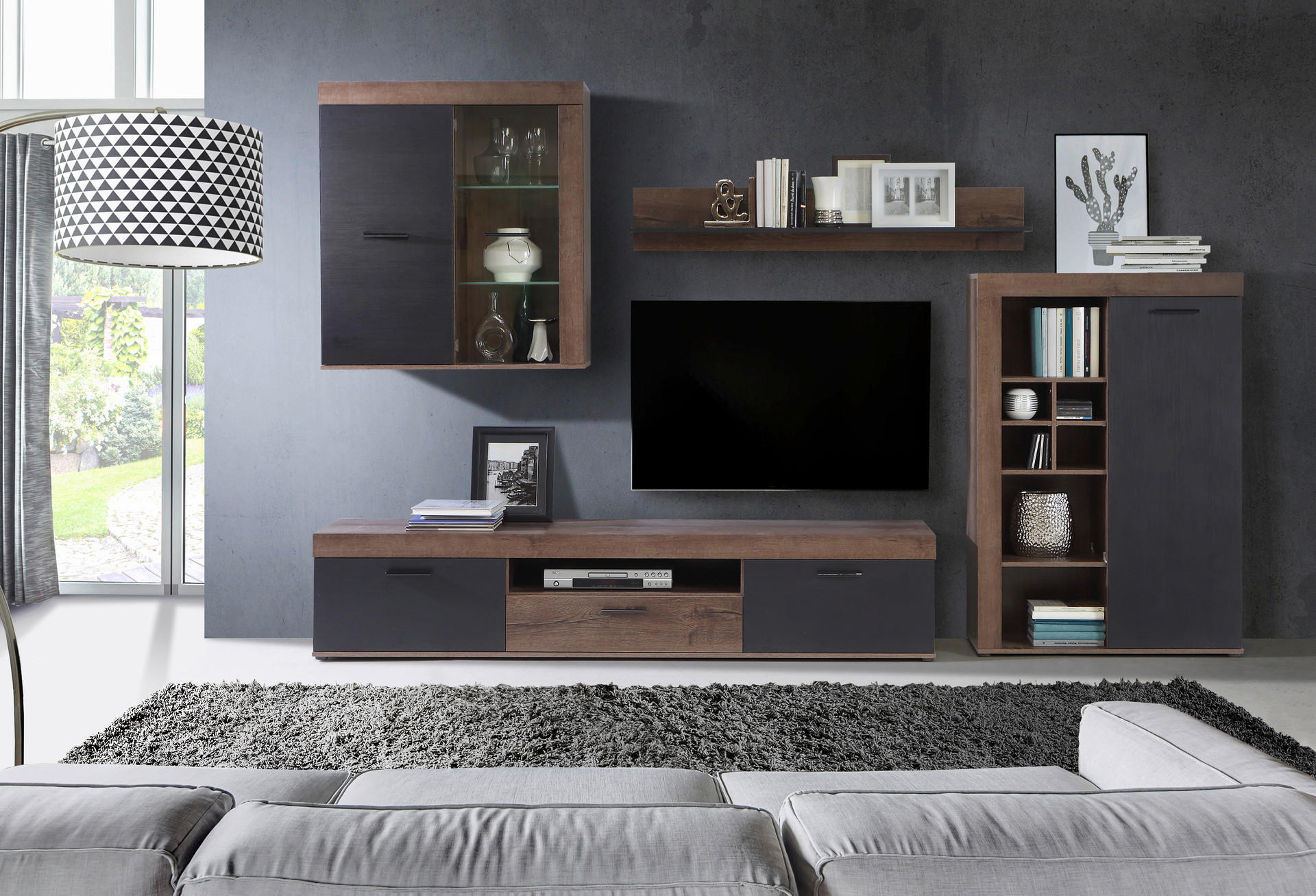 Thumbnail - Wohnwand  Eiche Schlamm Nachbildung schwarz Eiche Nachbildung B/H/T: ca. 300x201x39 cm