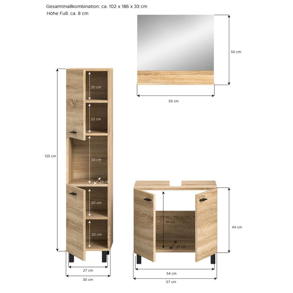 Thumbnail - Badezimmer-Set BOSTON Eiche Sonoma Nachbildung B/H/T: ca. 102x186x33 cm