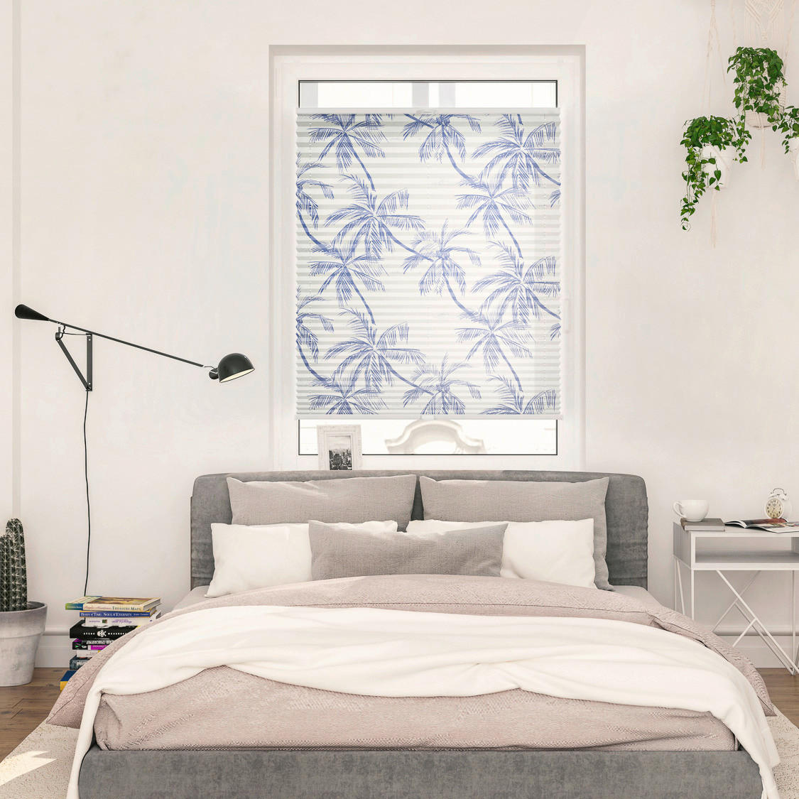 LICHTBLICK Spannplissee Blueprint Palms blau B/L: ca. 45x130 cm