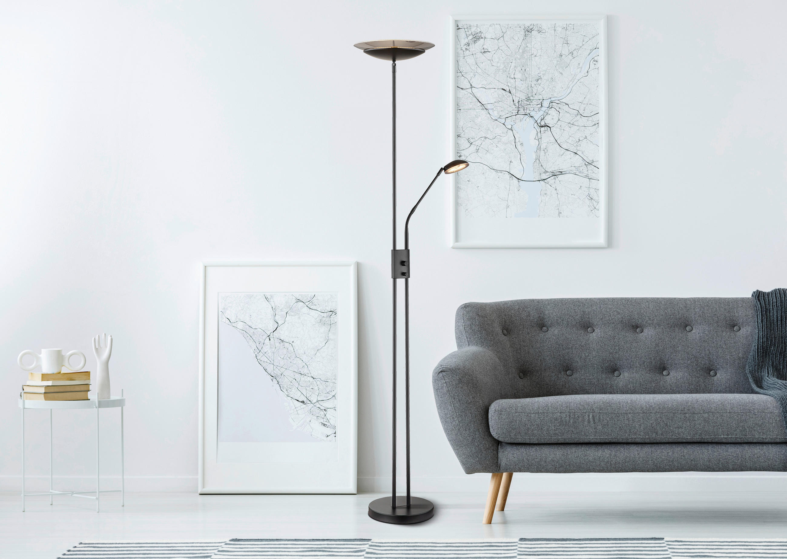 Thumbnail - GLOBO Deckenfluter Rauch mattschwarz Metall Kunststoff Glas B/H/D: ca. 57x178,5x30 cm