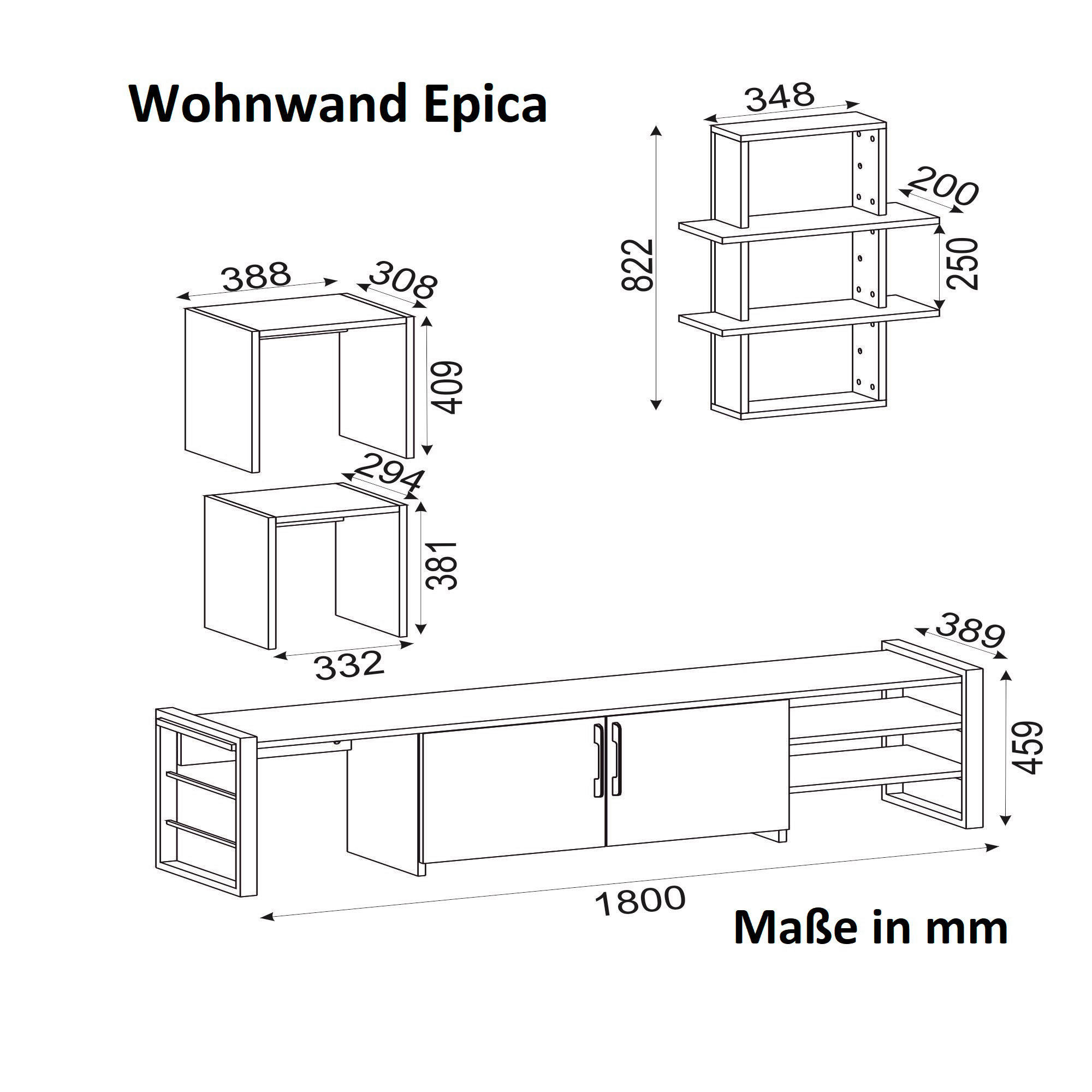 Thumbnail - Wohnwand Epica walnuss Nachbildung schwarz B/H/T: ca. 180x46x39 cm