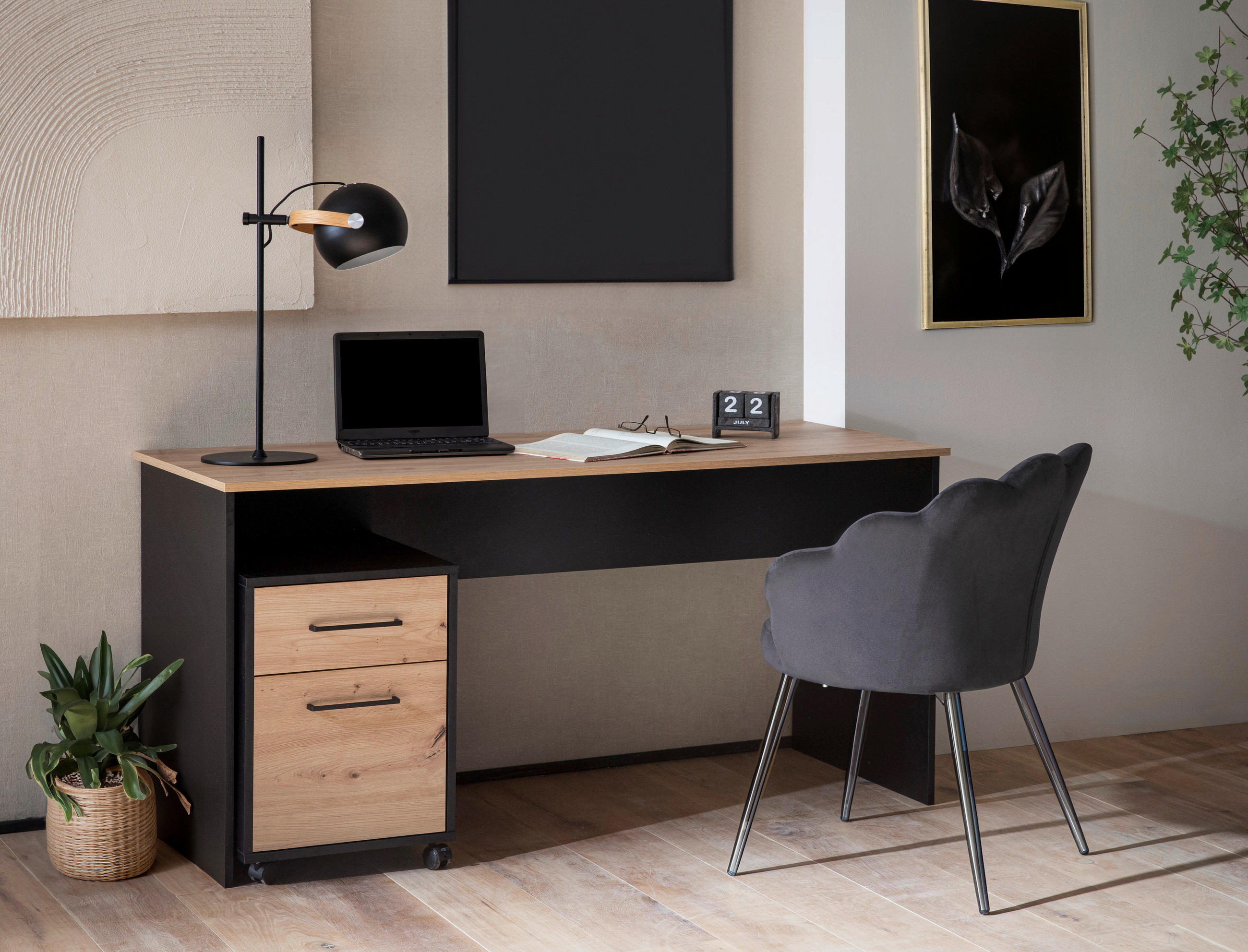 Thumbnail - Rollcontainer Aino Eiche Artisan Nachbildung schwarz B/H/T: ca. 40x57x50 cm