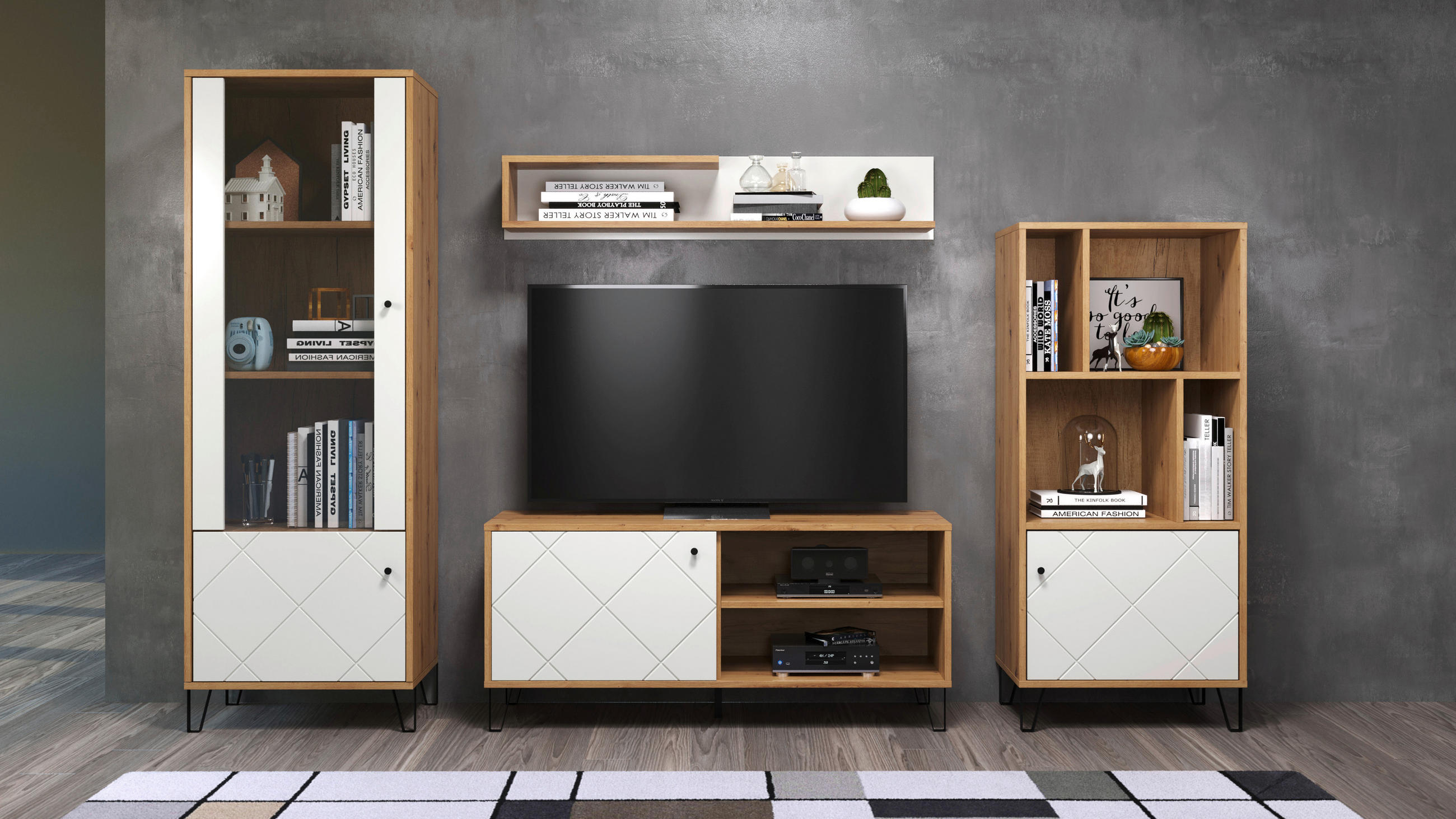 Thumbnail - Vitrine Touch weiß matt Eiche Artisan Nachbildung B/H/T: ca. 63x172x40 cm