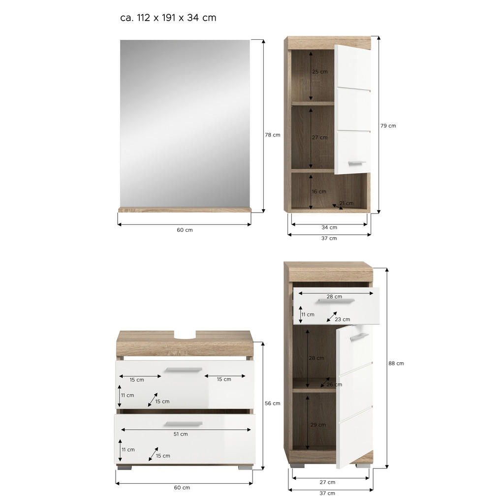 Thumbnail - Badezimmer-Set Lambada Eiche Sonoma Nachbildung weiß Hochglanz B/H/T: ca. 112x191x37 cm