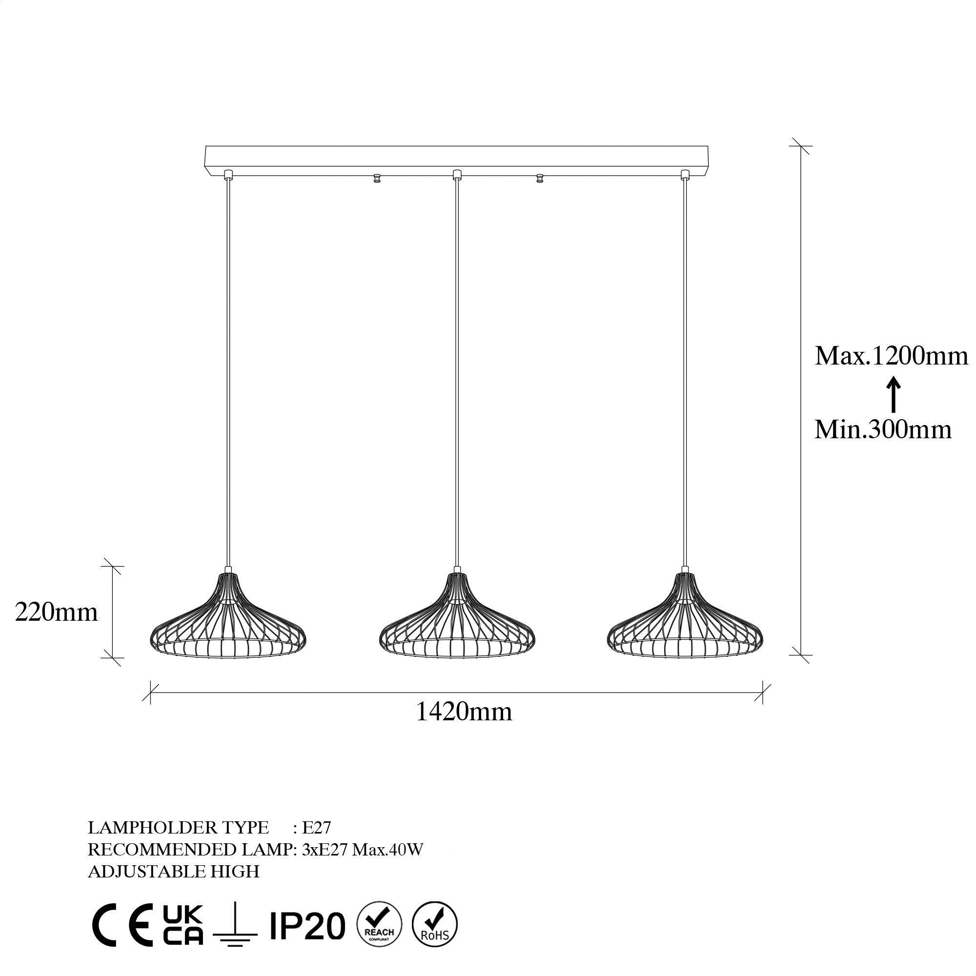 Thumbnail - Opviq Pendelleuchte Depay-11260 schwarz Metall B/H/T/L: ca. 148x120x36x148 cm E27 3 Brennstellen