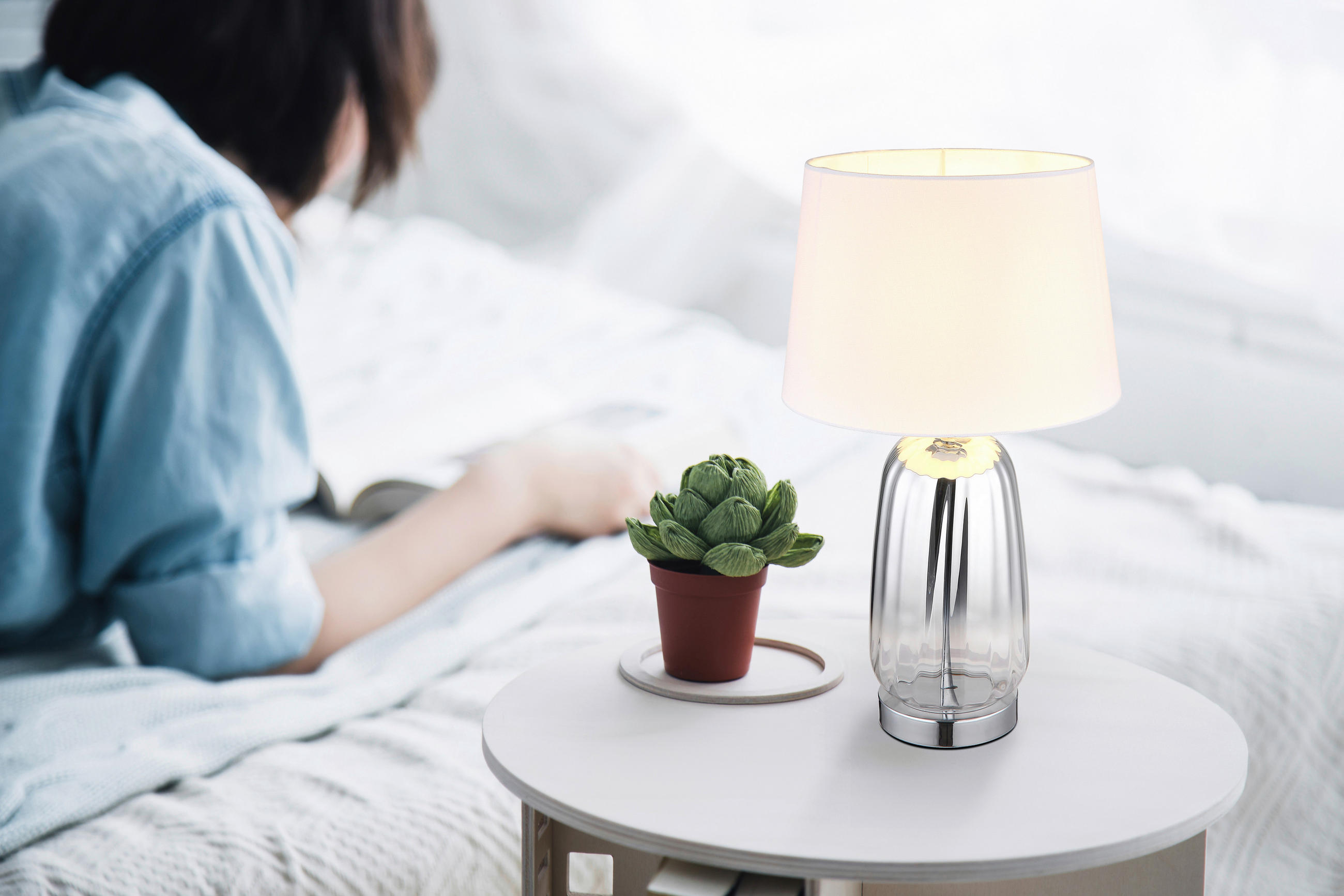 Thumbnail - GLOBO Tischleuchte Classy 24142W silber weiß Glas Textil H: ca. 52 cm E27 1 Brennstellen