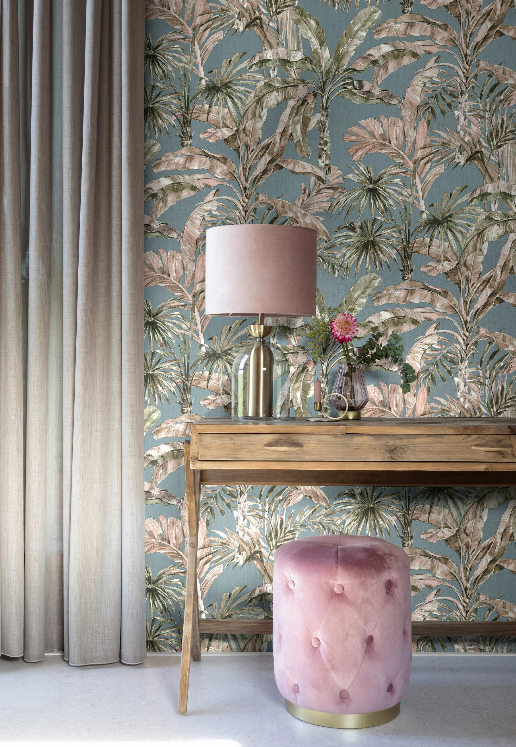 Thumbnail - Vliestapete Palmenblätter blau grün beige B/L: ca. 53x1005 cm