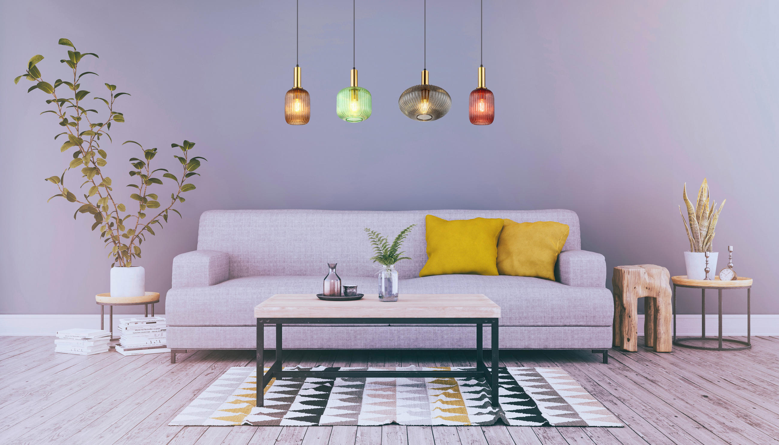 Thumbnail - Pendelleuchte messing Metall Glas B/H/L: ca. 30x120x115 cm E27 4 Brennstellen