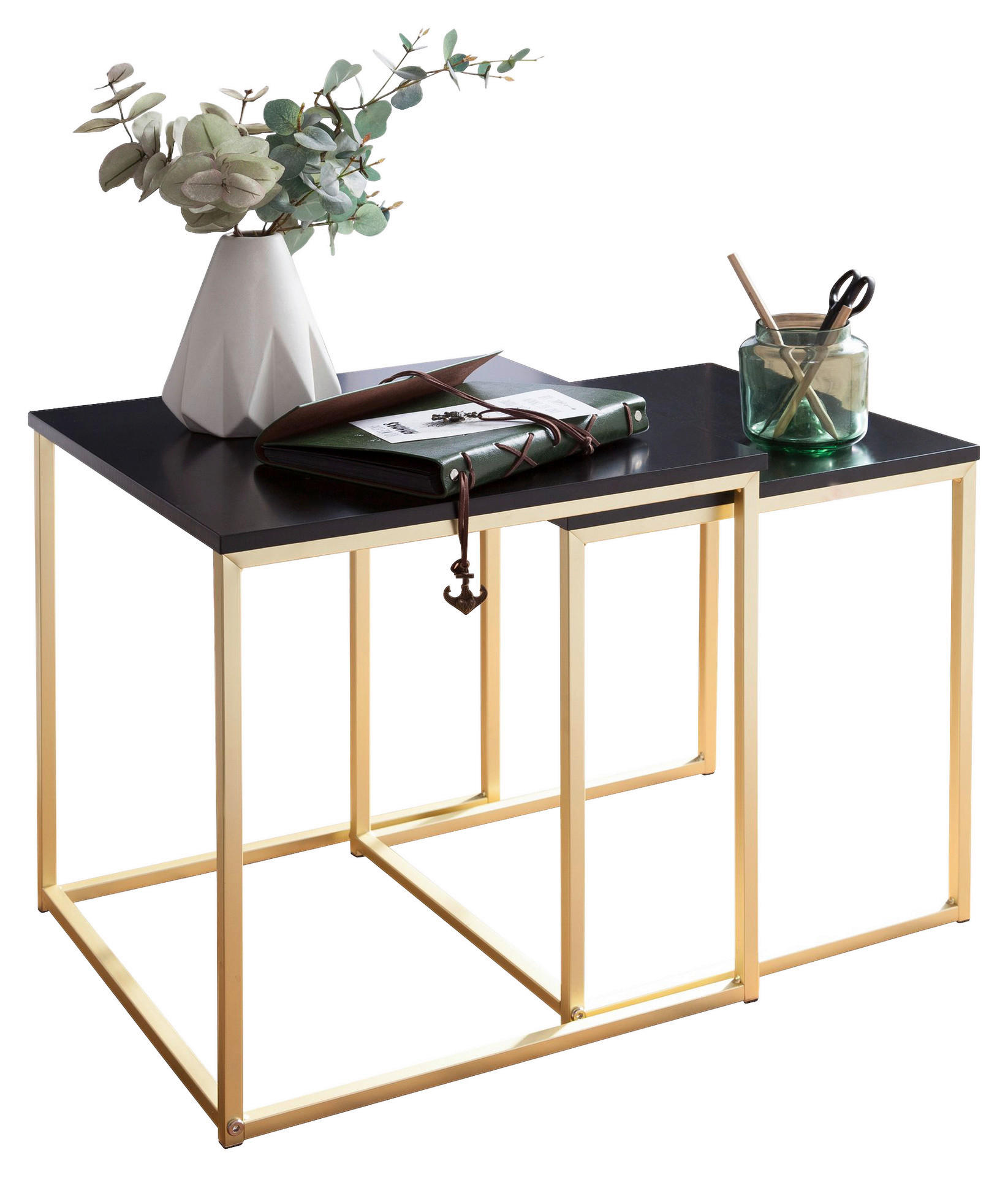 Beistelltisch 2er-Set schwarz Lack matt gold lackiert MDF Metall