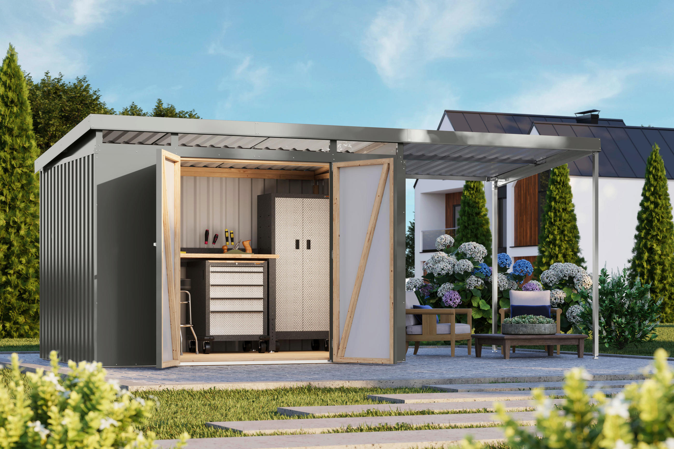 Karibu Gartenhaus Indra3 grau B/H/T: ca. 289x213x206 cm
