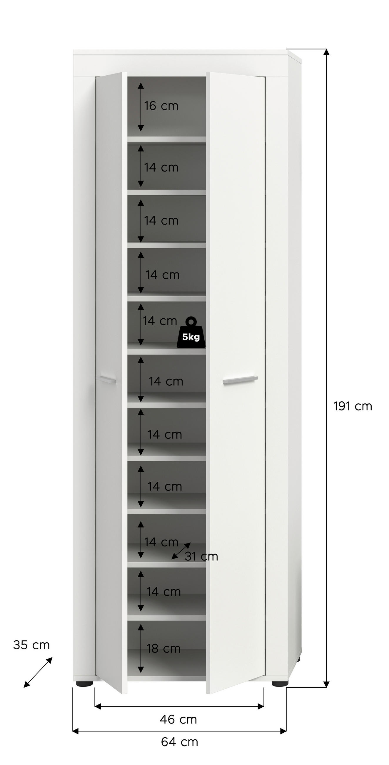 Thumbnail - Schuhschrank JAM weiß B/H/T: ca. 64x191x35 cm