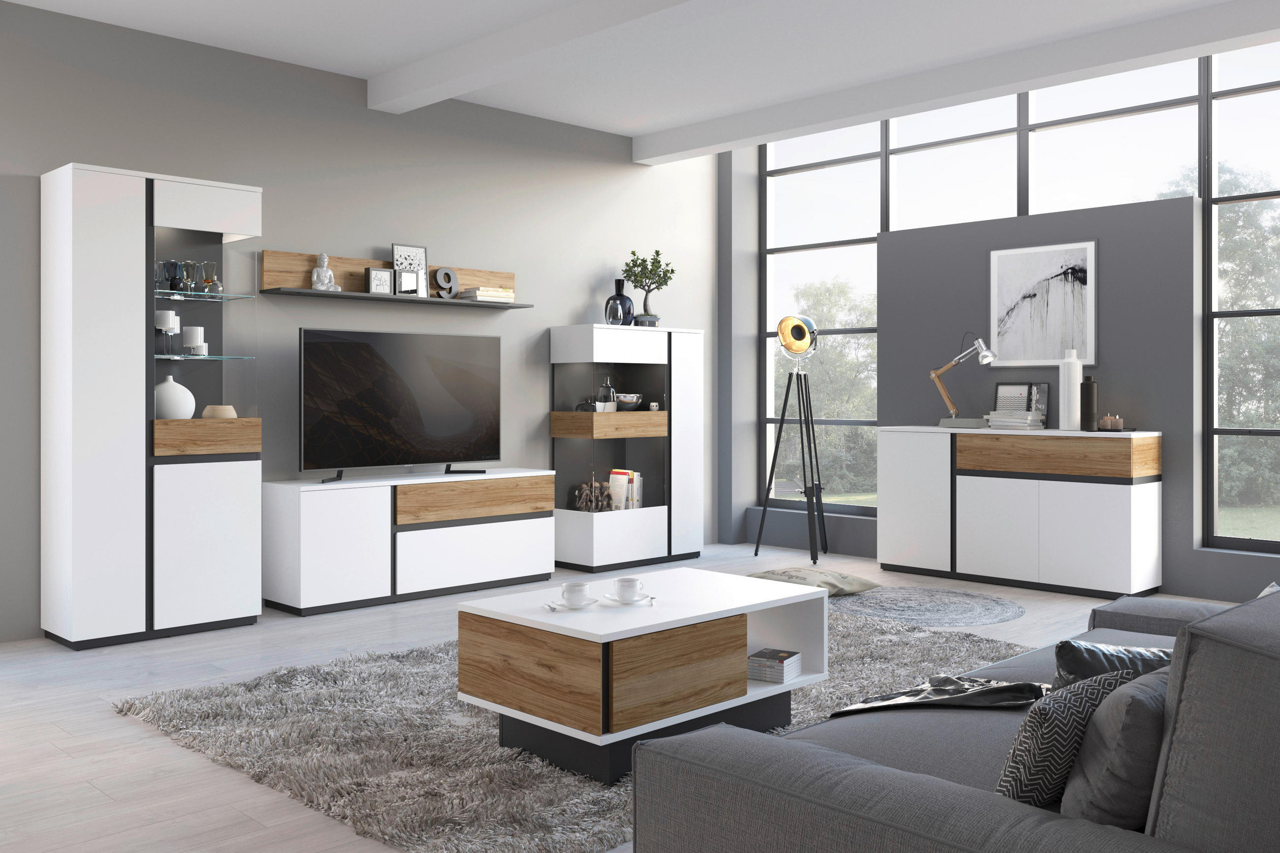 Thumbnail - TV-Lowboard Novena weiß Eiche Catania Nachbildung schwarz matt B/H/T: ca. 160x63x40 cm