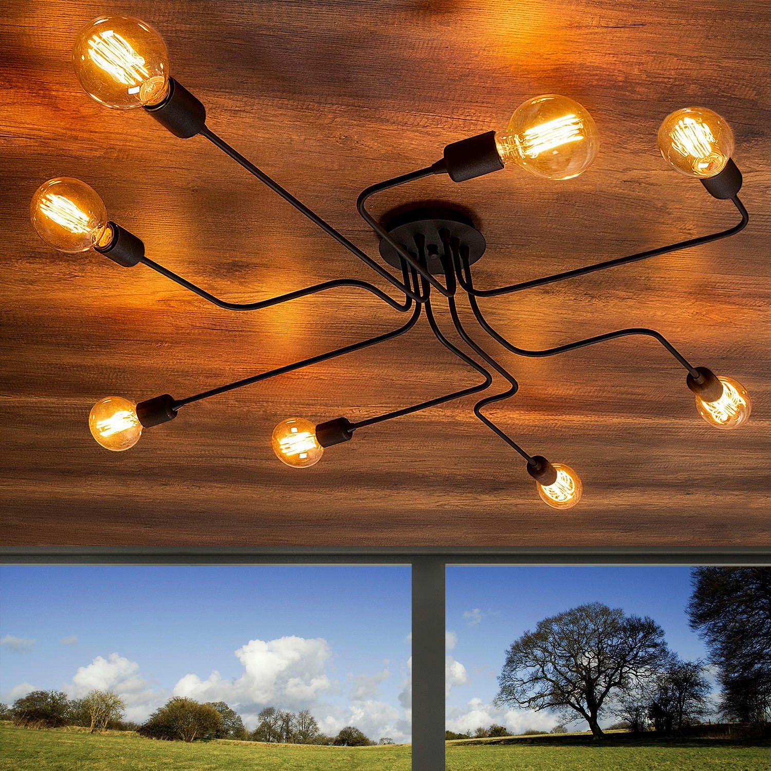 Thumbnail - Opviq Deckenleuchte Truva schwarz B/H/T/L/D: ca. 140x15x140x140x140 cm E27 8 Brennstellen