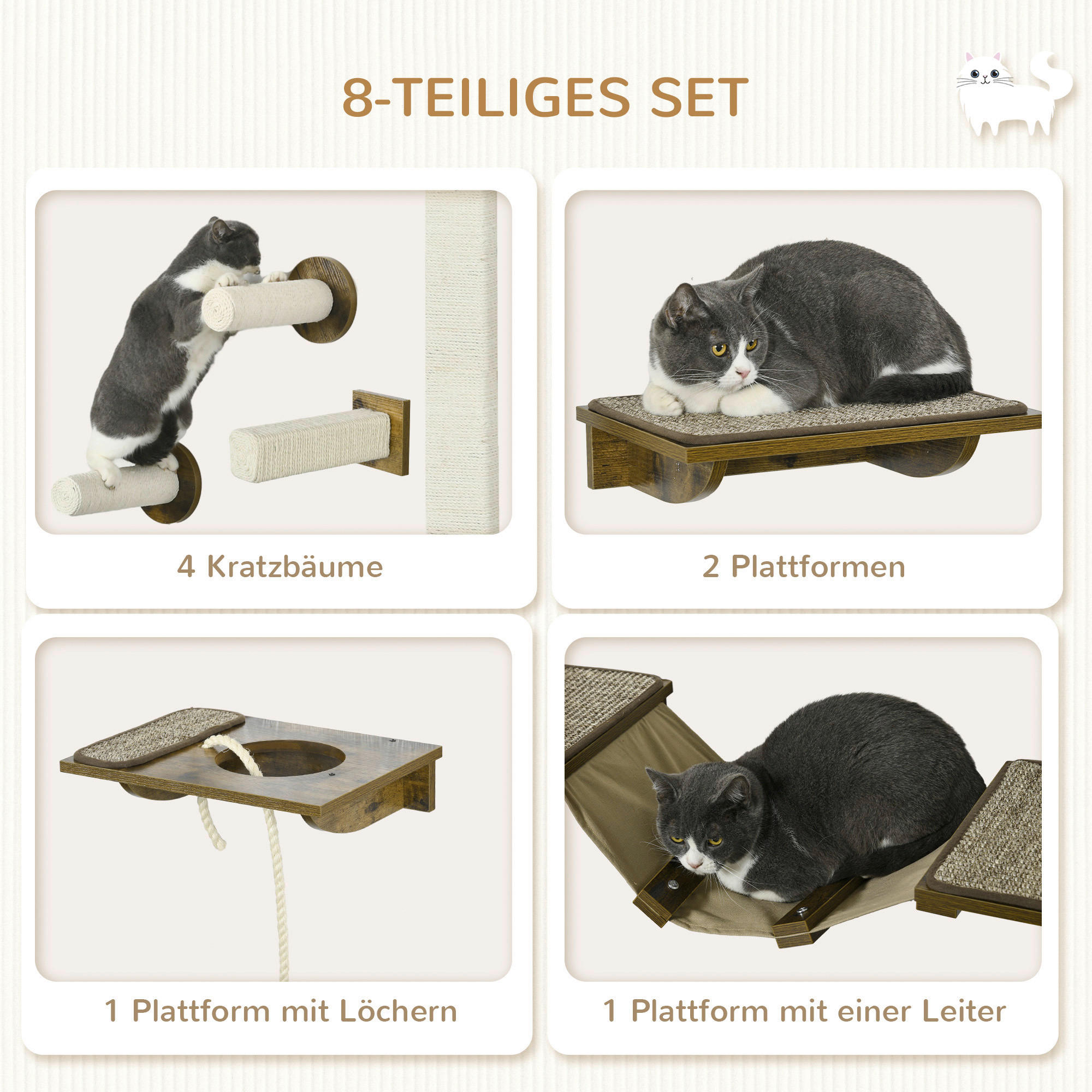 Thumbnail - PawHut Katzenregal-Set braun Sisal B/H/L: ca. 29x8,5x136 cm