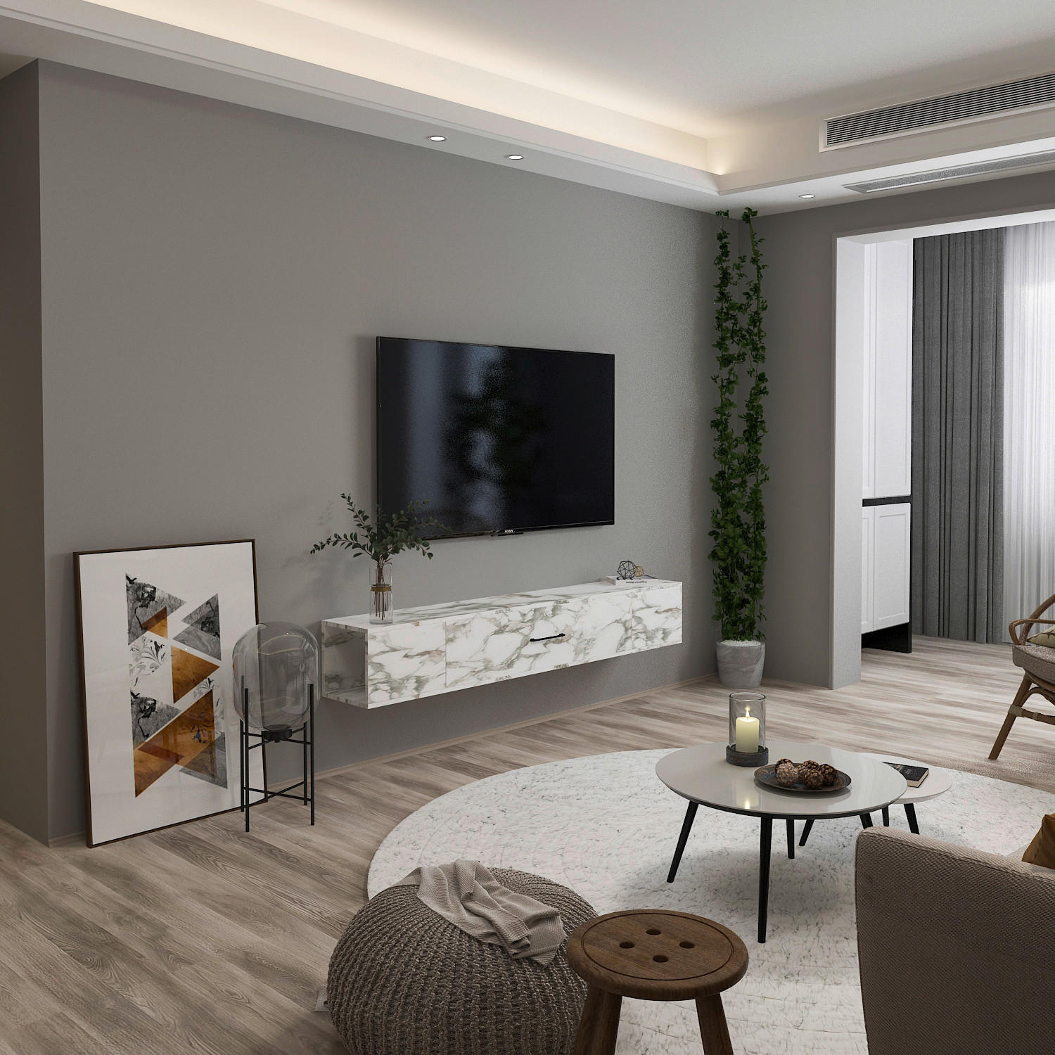 Thumbnail - TV-Lowboard Acworth weiß Marmor Optik B/H/T: ca. 160x30x29,6 cm