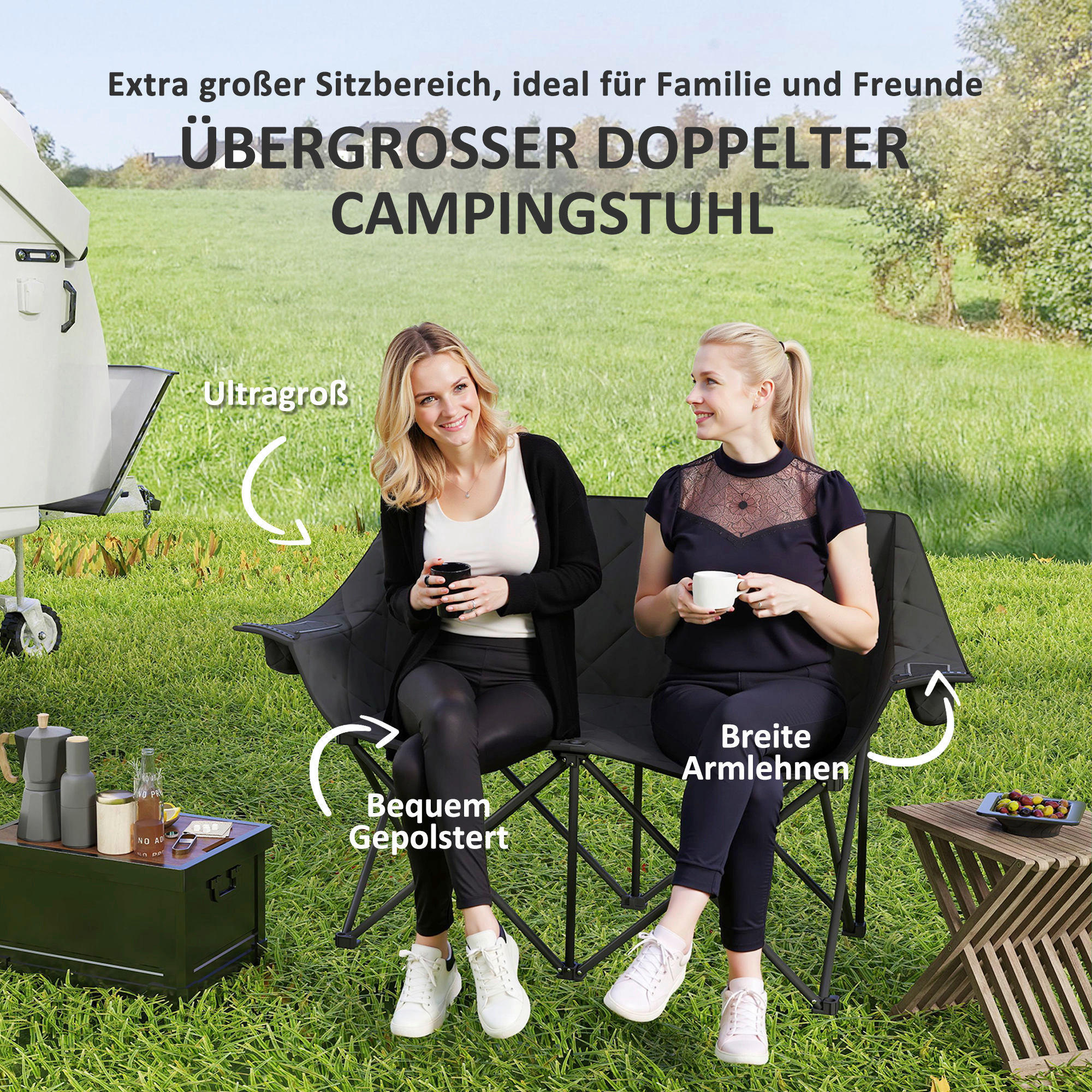Thumbnail - Outsunny Campingstuhl schwarz Metall B/H/L: ca. 60x92x145 cm