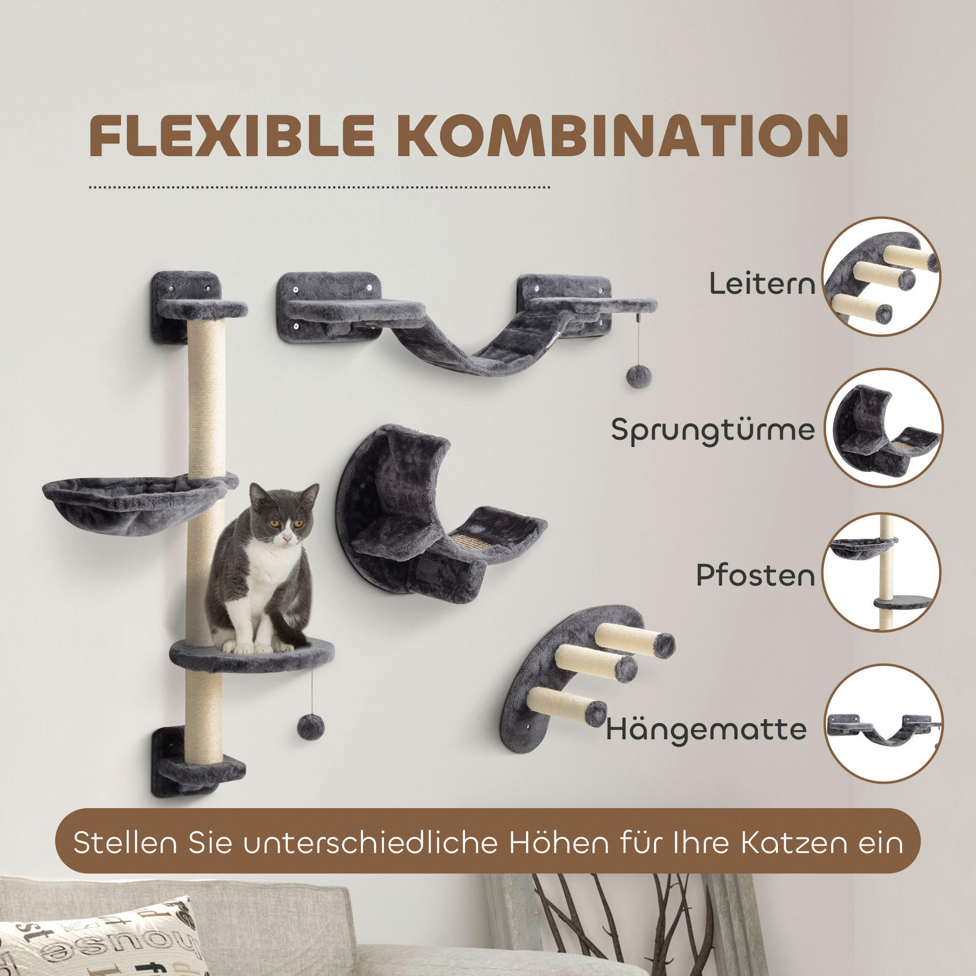 Thumbnail - PawHut Katzen Kletterwand dunkelgrau Spanplatte B/H/L: ca. 30x96x30 cm