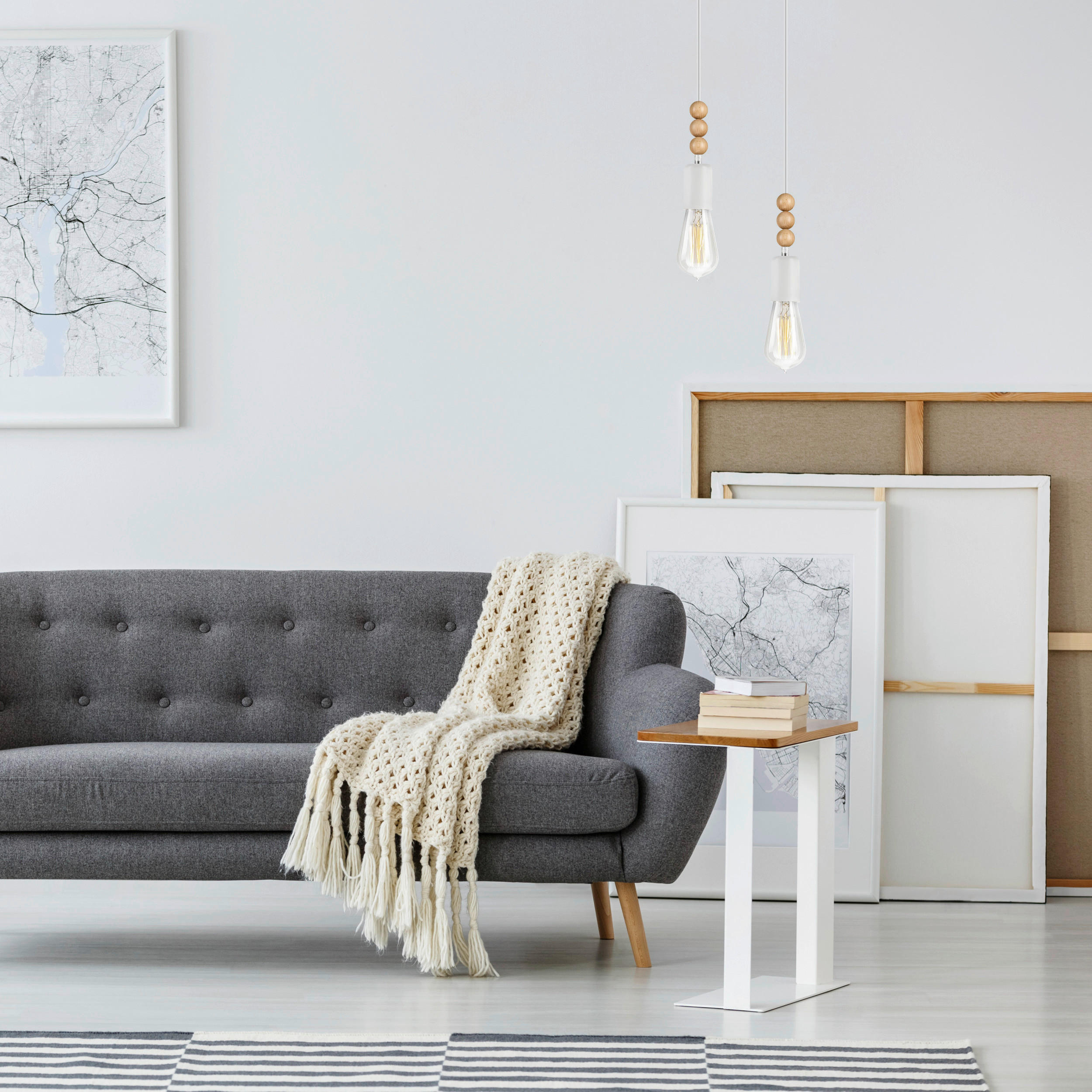 Thumbnail - Lamkur Pendelleuchte SIMON 37318 weiß Holz Stahl H/L: ca. 94x20 cm E27 2 Brennstellen