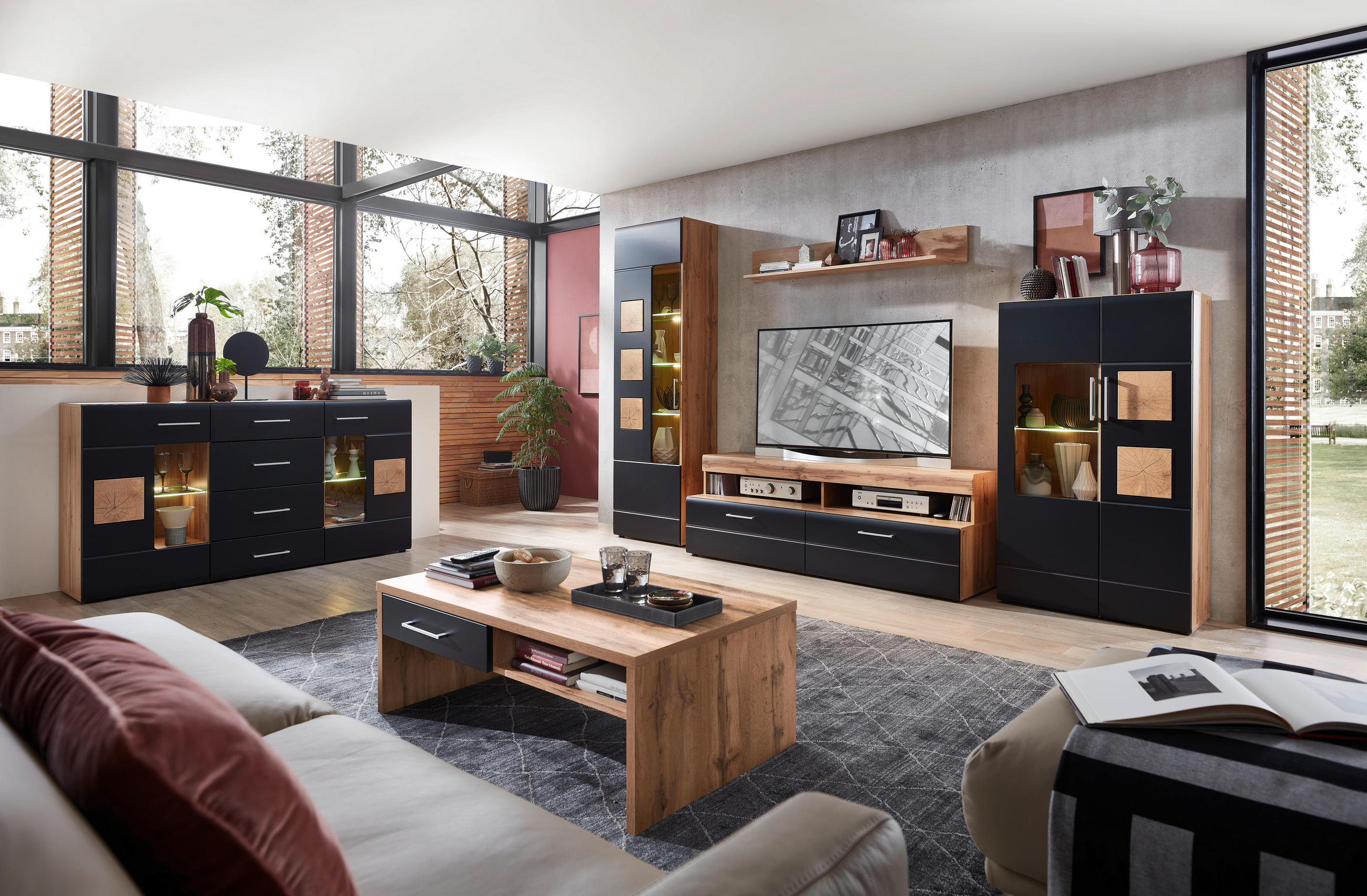 Thumbnail - Wohnwand Sonate Eiche Nachbildung schwarz matt B/H/T: ca. 340x208x52 cm