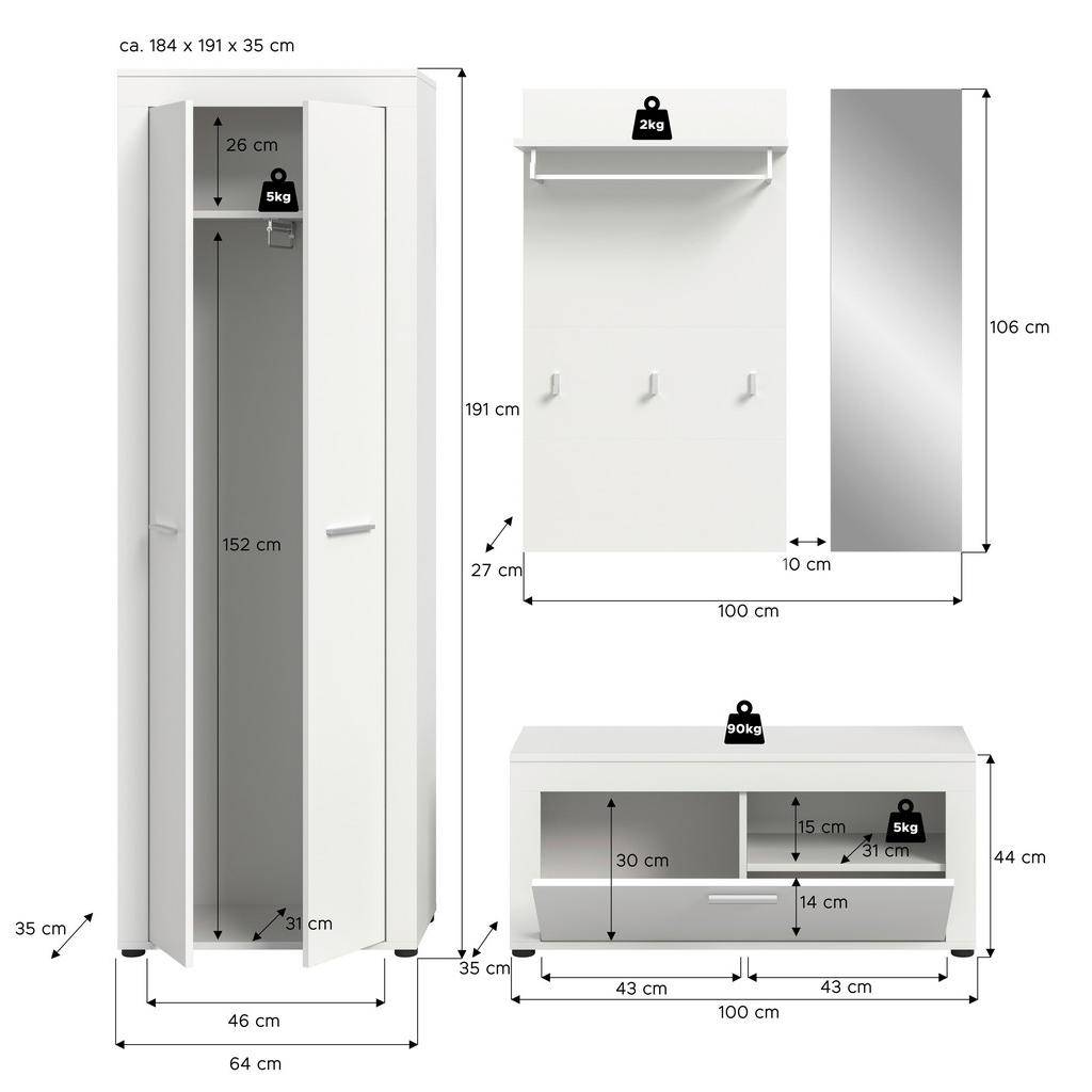 Thumbnail - Garderobe JAM weiß B/H/T: ca. 184x191x35 cm