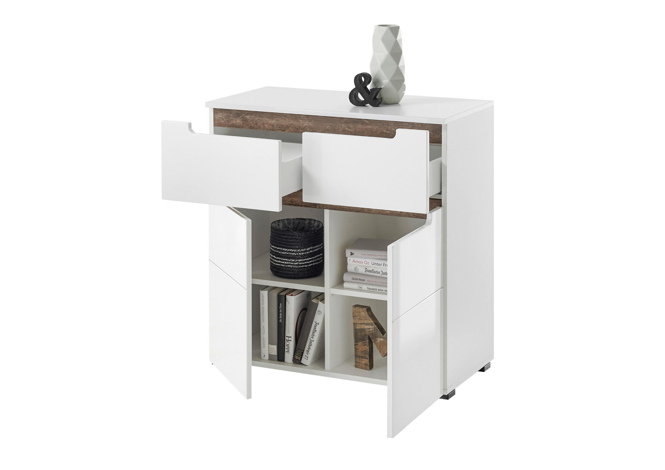 Thumbnail - Kommode Turin weiß weiß Hochglanz Old Wood Nachbildung B/H/T: ca. 80x83x40 cm