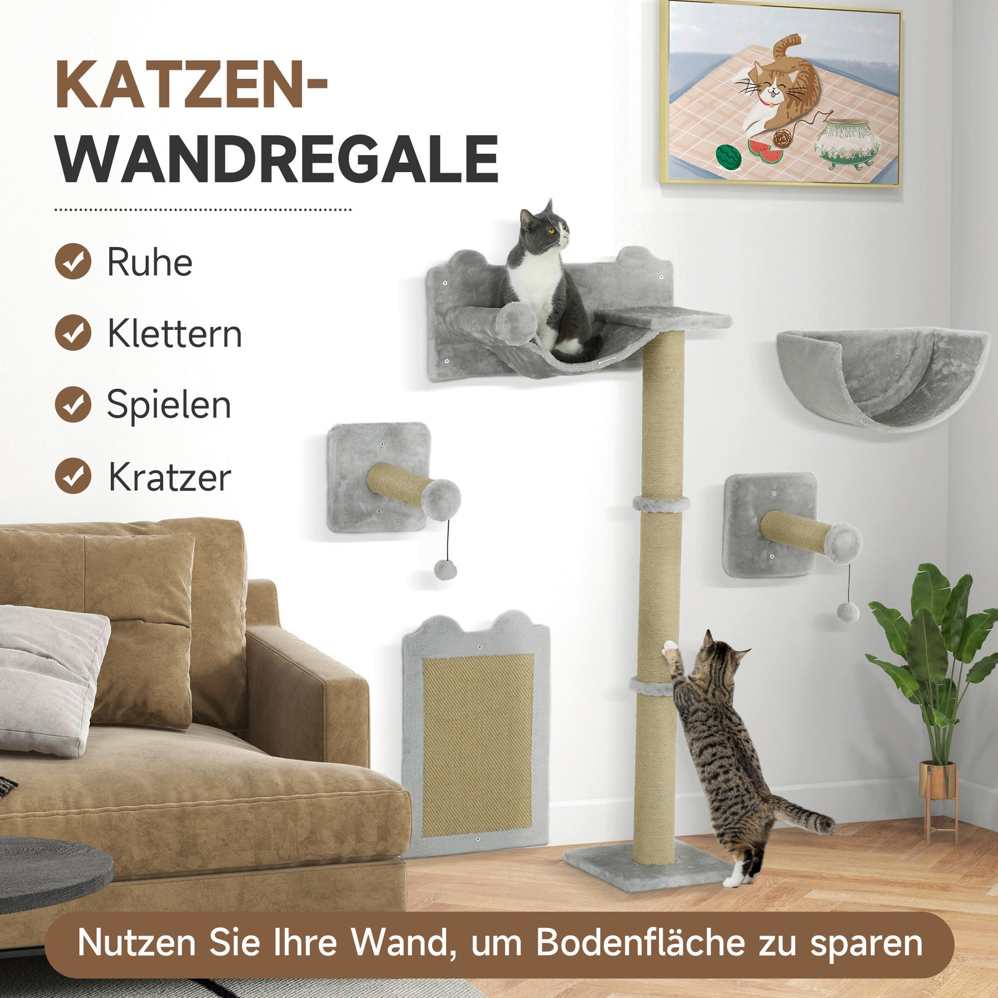 Thumbnail - PawHut Katzen Kletterwand hellgrau Spanplatte B/H/L: ca. 32x140x60 cm