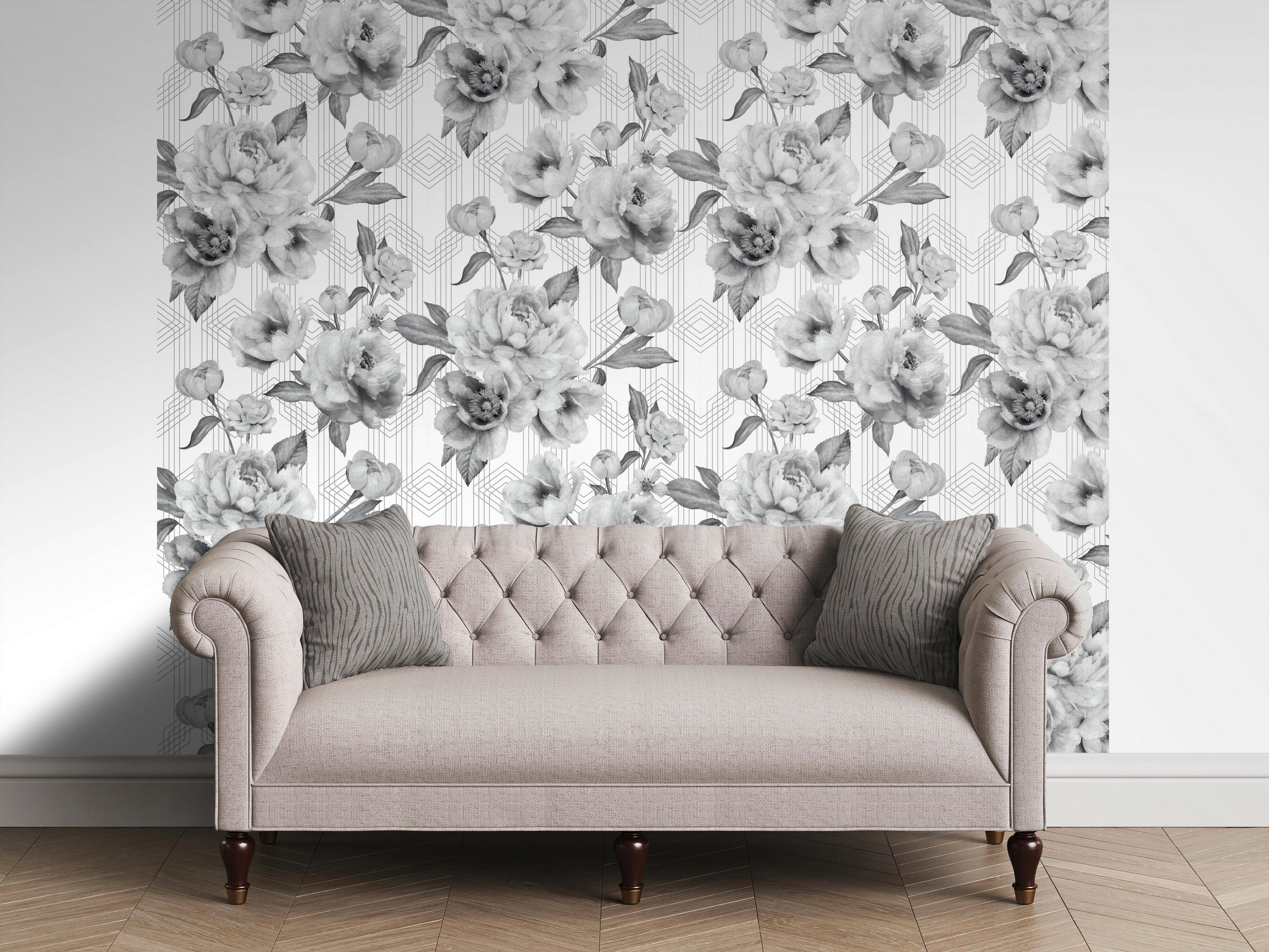 Thumbnail - UGEPA Papiertapete Blumen grau weiß B/L: ca. 53x1005 cm glitzernd