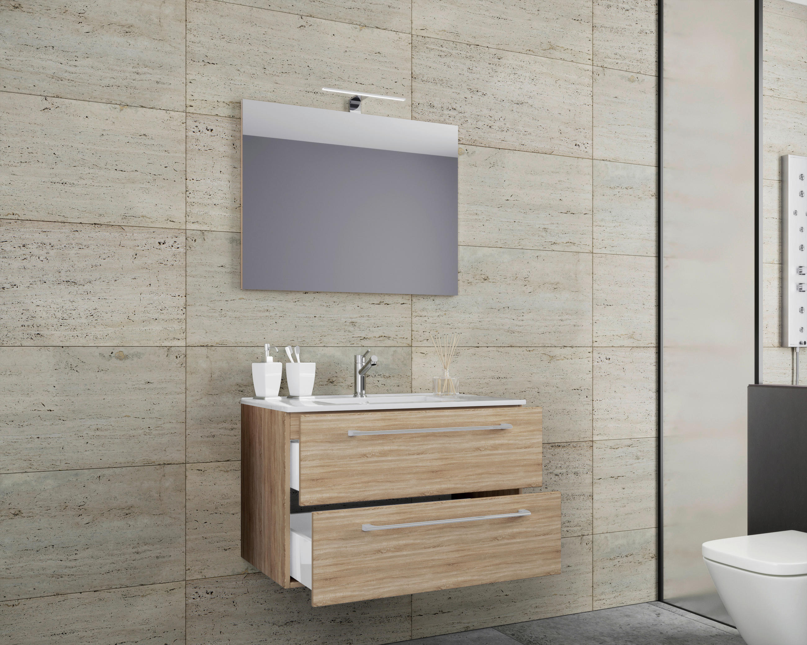 Thumbnail - Waschplatz 3tlg-Badinos weiß Eiche Sonoma Nachbildung B/H/T: ca. 60x50x46 cm