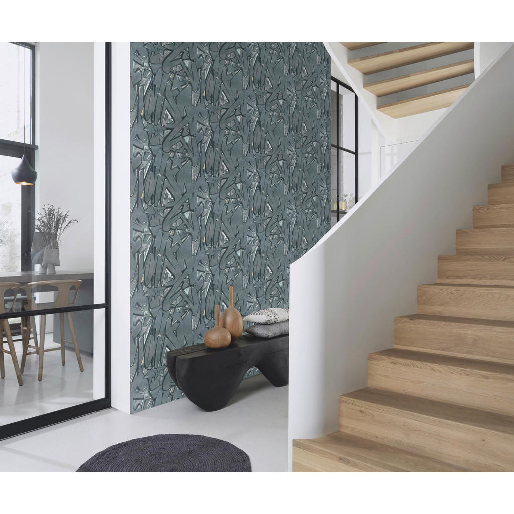 Thumbnail - Papiertapete Graffiti blau grau B/L: ca. 53x1005 cm