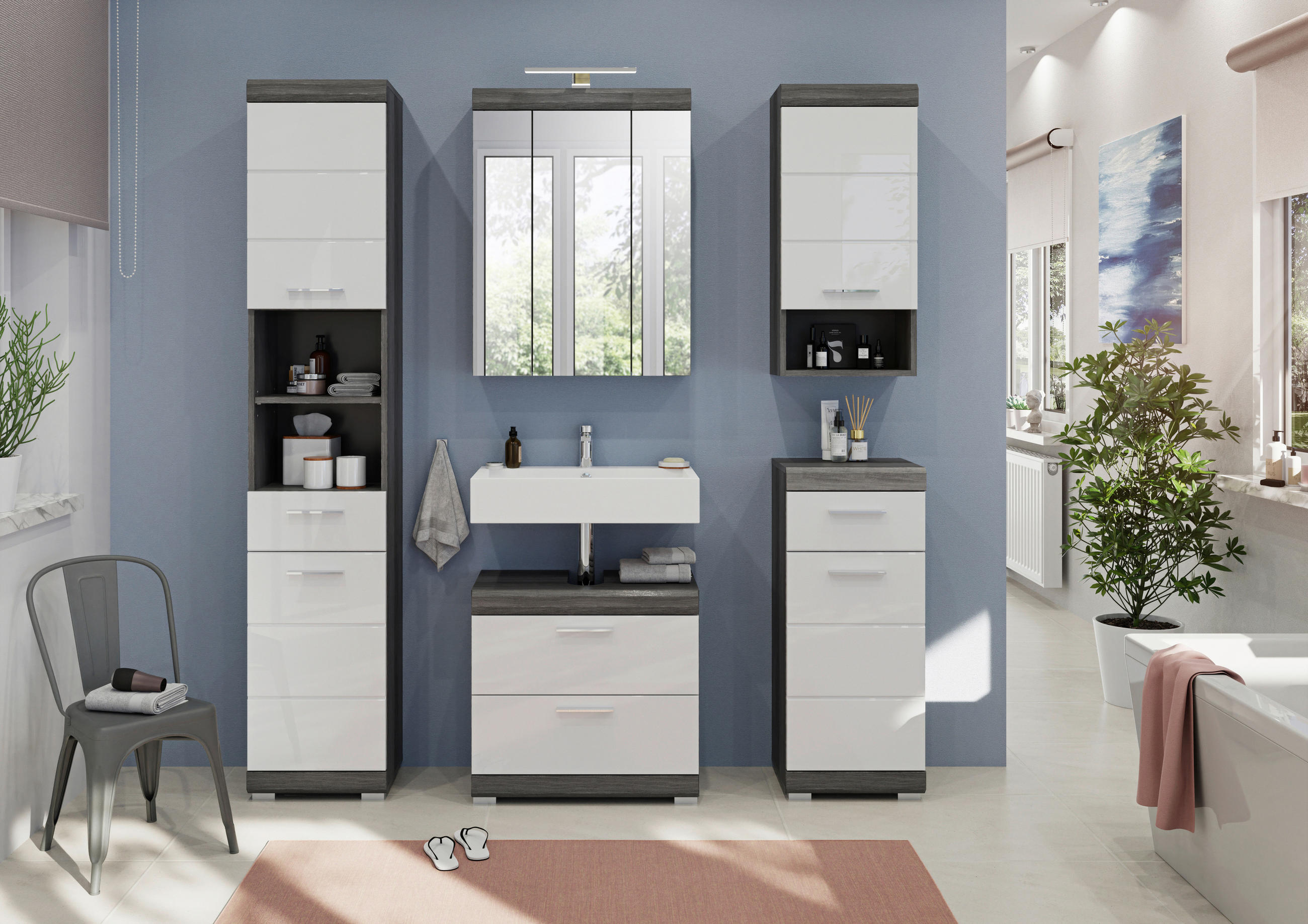 Thumbnail - Badezimmer-Set Scout Rauchsilber Nachbildung weiß Hochglanz B/H/T: ca. 60x191x34 cm