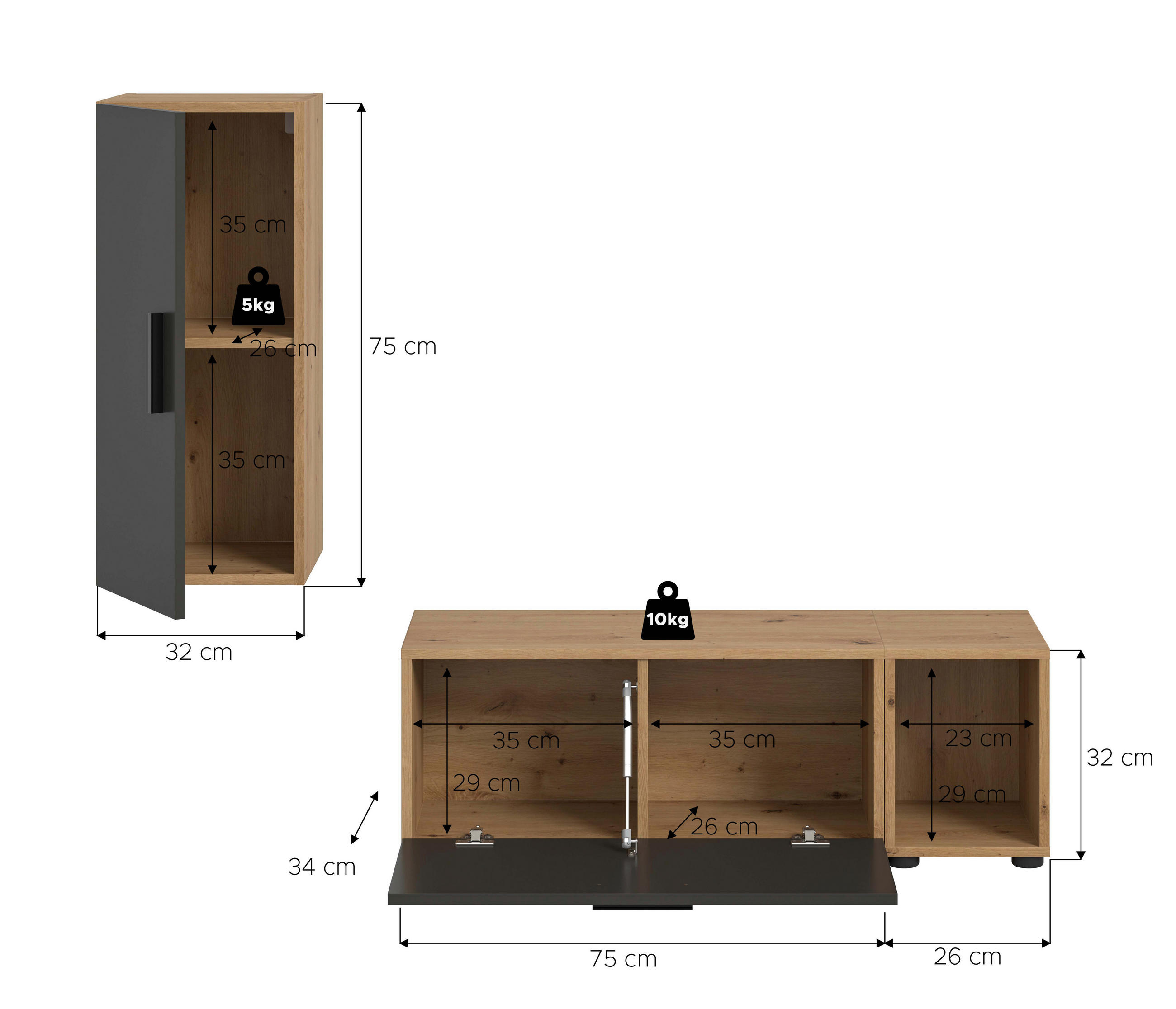 Thumbnail - Wohnwand-Set TheOne Eiche Artisan Nachbildung anthrazit B/H/T: ca. 75x32x34 cm