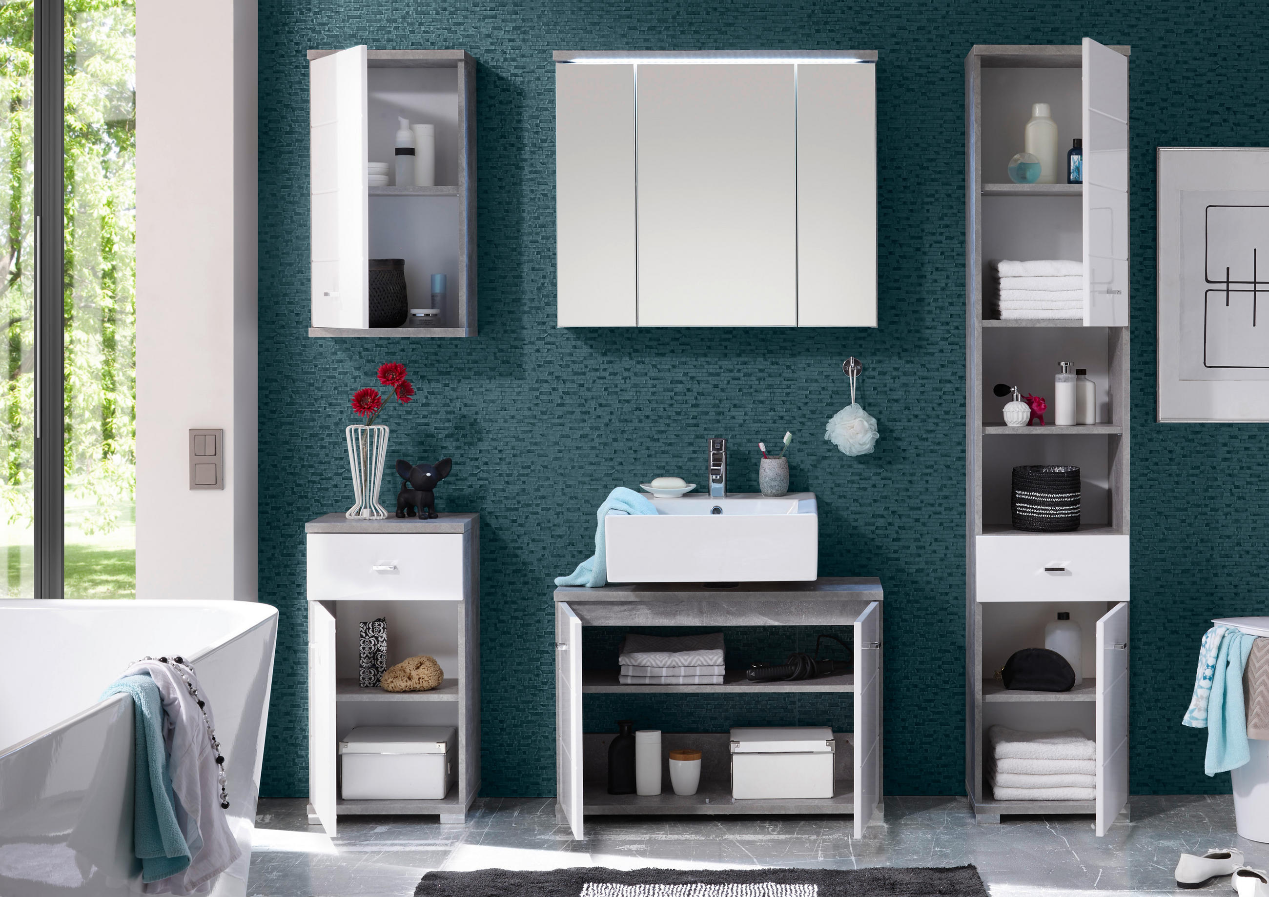 Thumbnail - Badhängeschrank Pool Beton Optik weiß Hochglanz B/H/T: ca. 38x71x23 cm