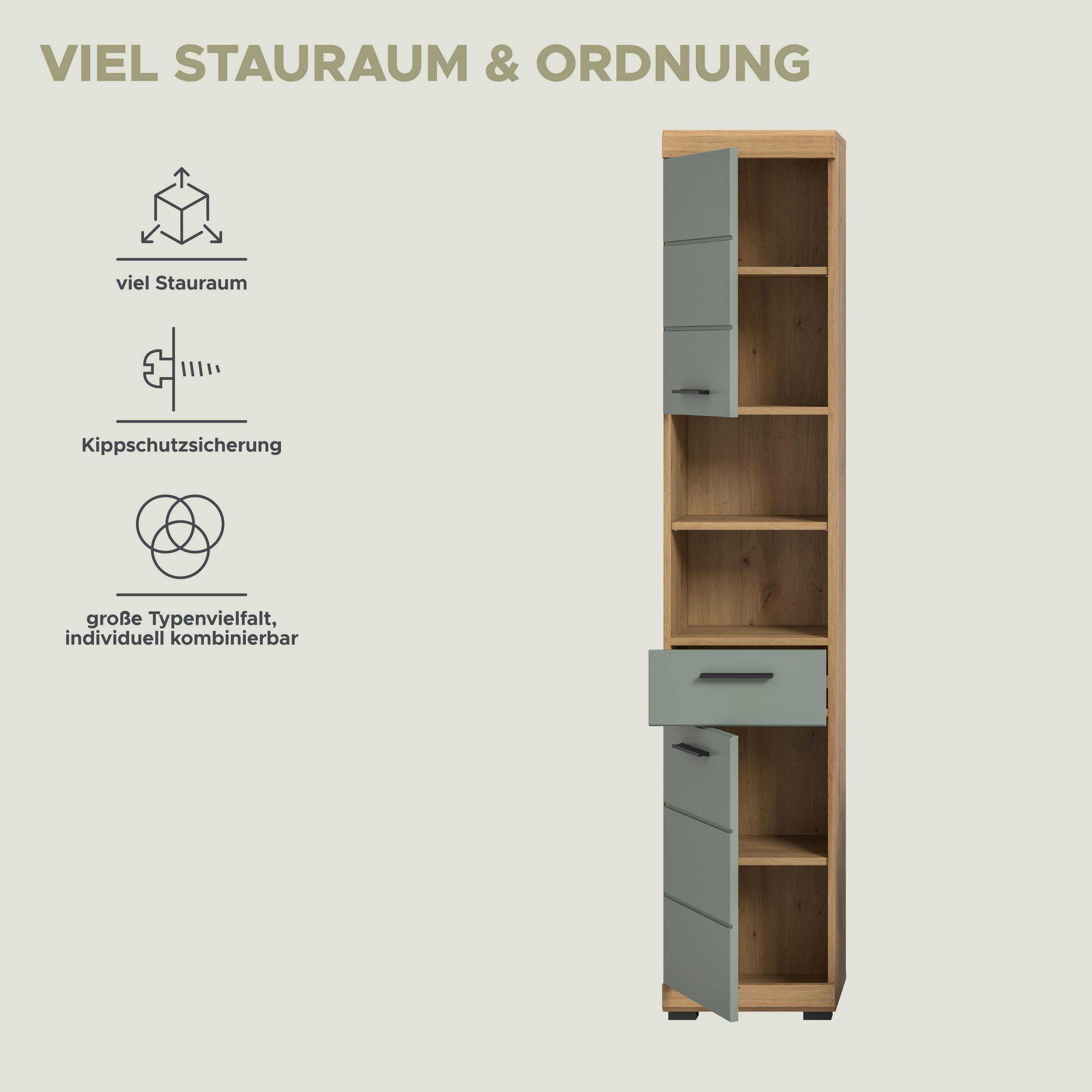 Thumbnail - Badhochschrank Scout Eiche Artisan Nachbildung salbei Nachbildung B/H/T: ca. 37x191x31 cm