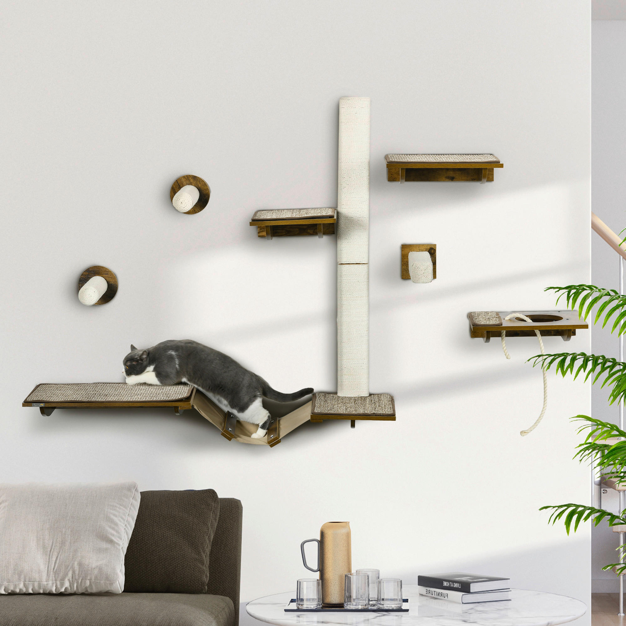 Thumbnail - PawHut Katzenregal-Set braun Sisal B/H/L: ca. 29x8,5x136 cm