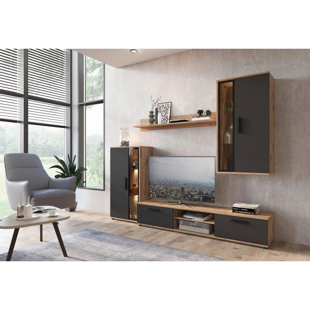 Thumbnail - Wohnwand Neon Eiche Viking Nachbildung anthrazit B/H/T: ca. 233x190x40 cm