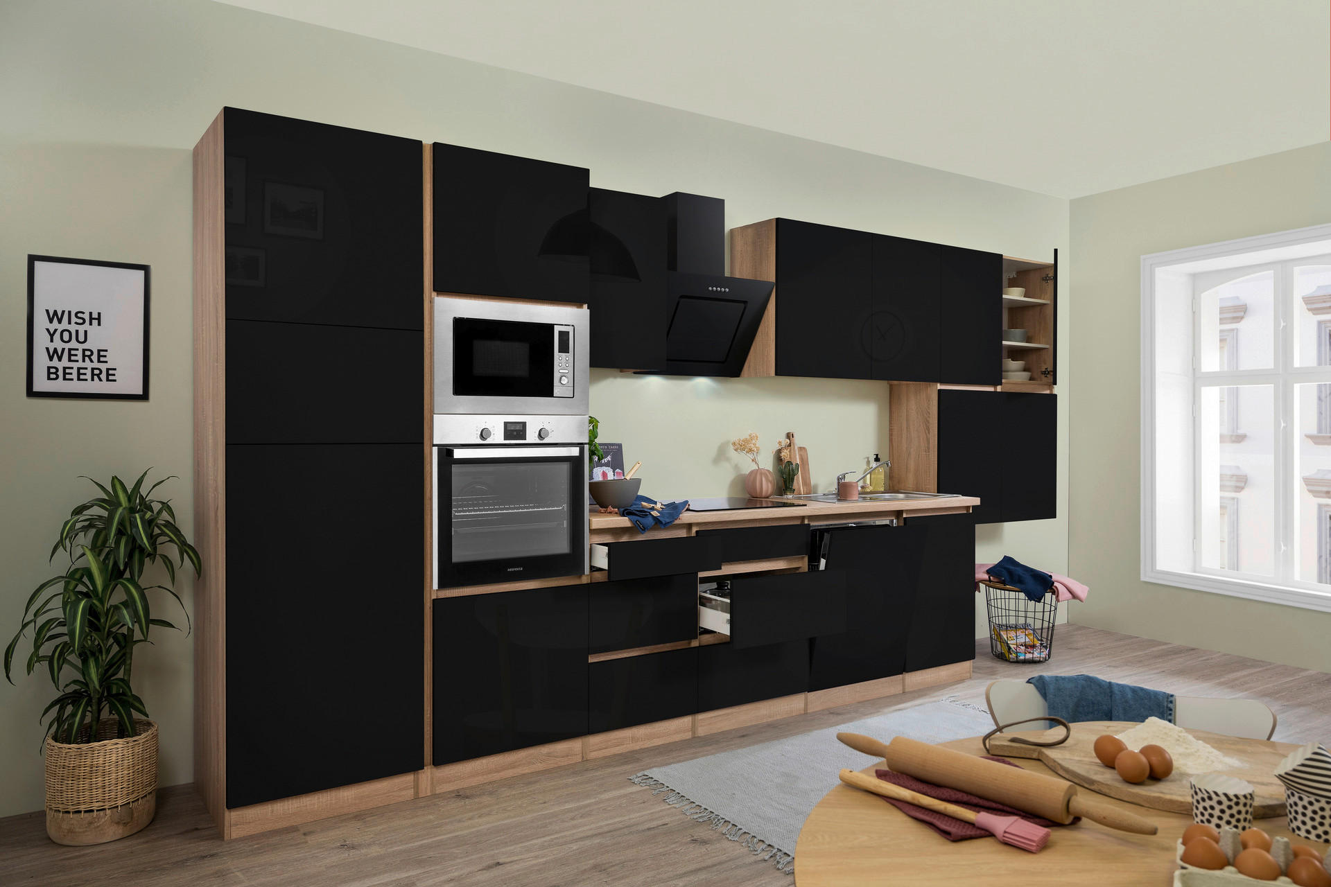 Respekta Küchenblock Premium schwarz hochglänzend B/H/T: ca. 445x220,5x60 cm