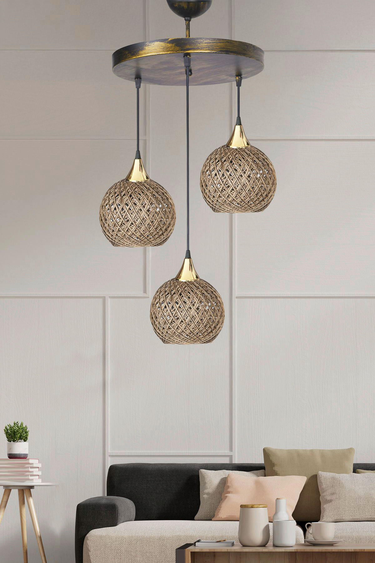 Thumbnail - Opviq Pendelleuchte Crayon beige Metall B/H/T/L/D: ca. 32x80x32x32x32 cm E27 3 Brennstellen